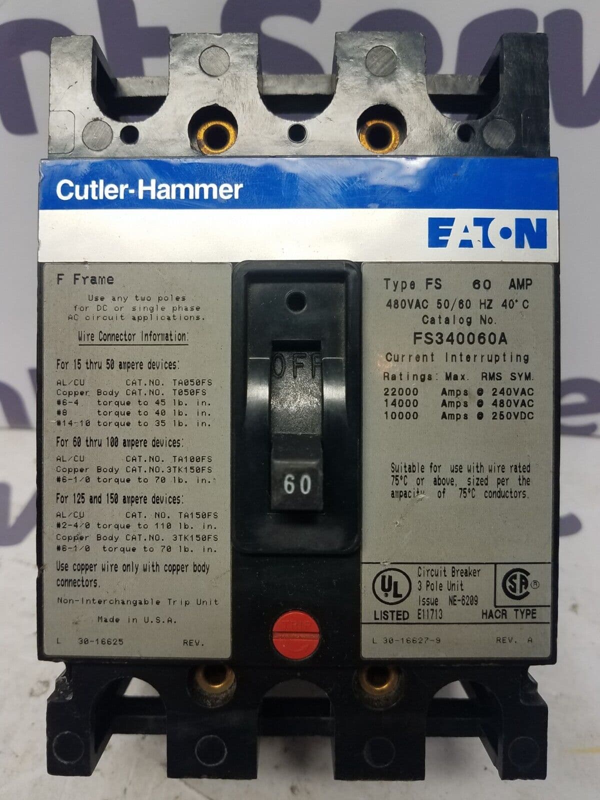 Cutler Hammer FS340060A Circuit Breaker 60A 3P 480V FS 3PH 3 pole 60 Amp – image 1