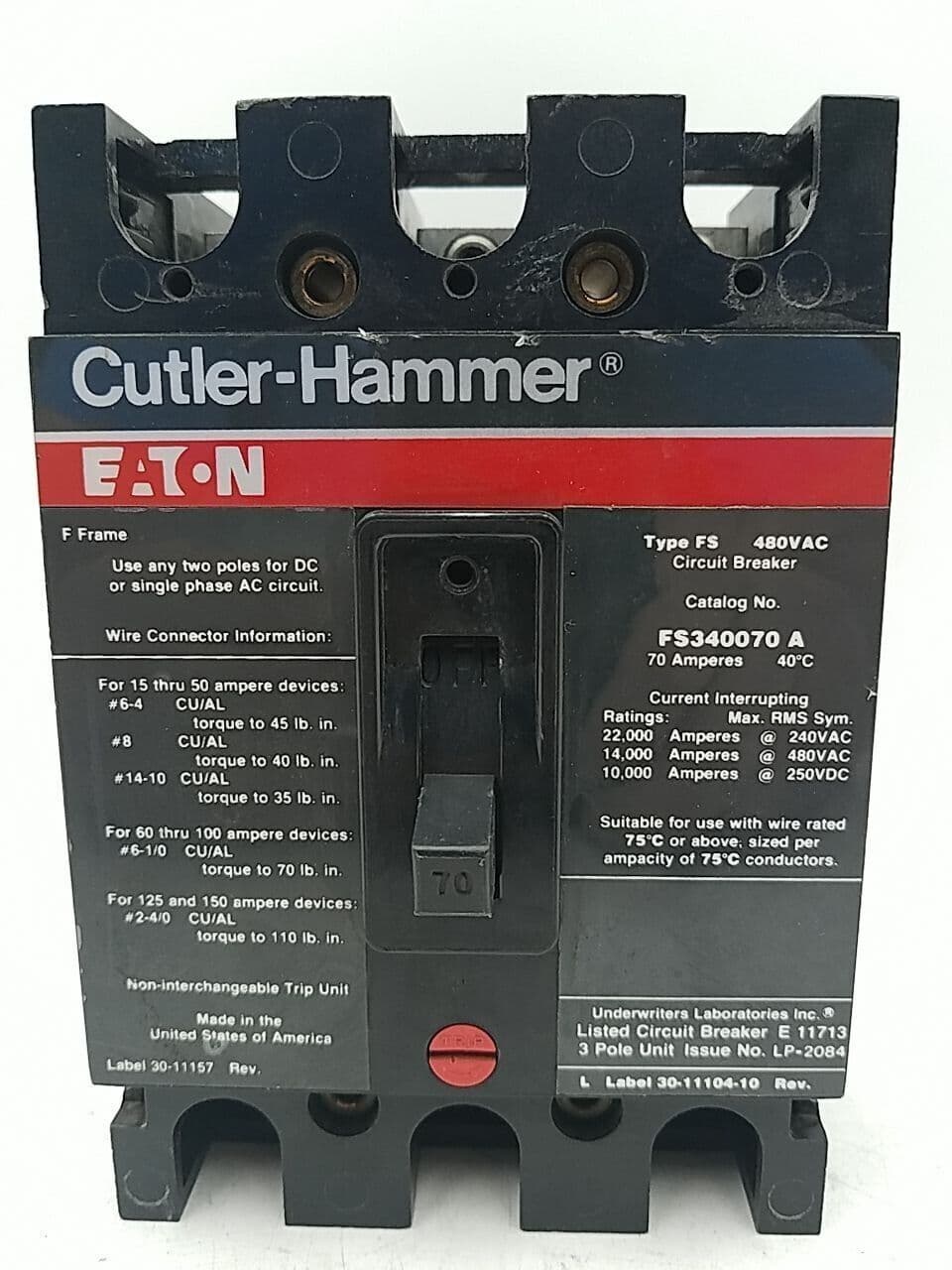 Cutler-Hammer FS340070A Circuit Breaker 70A 3P 480V 3PH FS 70 Amp 3 Pole Used – image 1