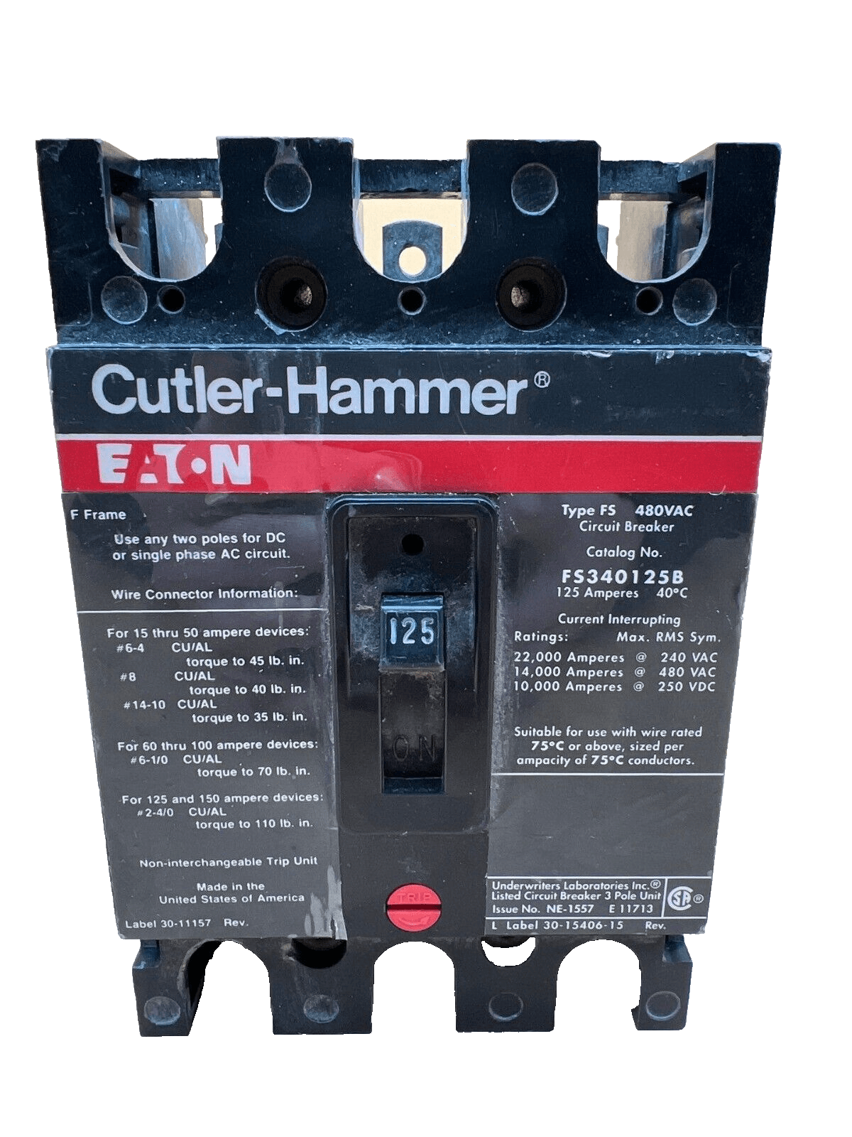 Eaton FS340125B Bolt on Circuit Breaker 125A 3P 480V 3PH 125 Amp 3 Pole – image 1