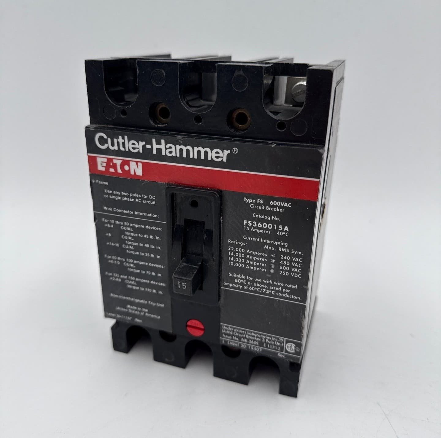 Cutler-Hammer FS360015A Circuit Breaker 15A 3P 600V FS 15 Amp 3 Pole – image 1