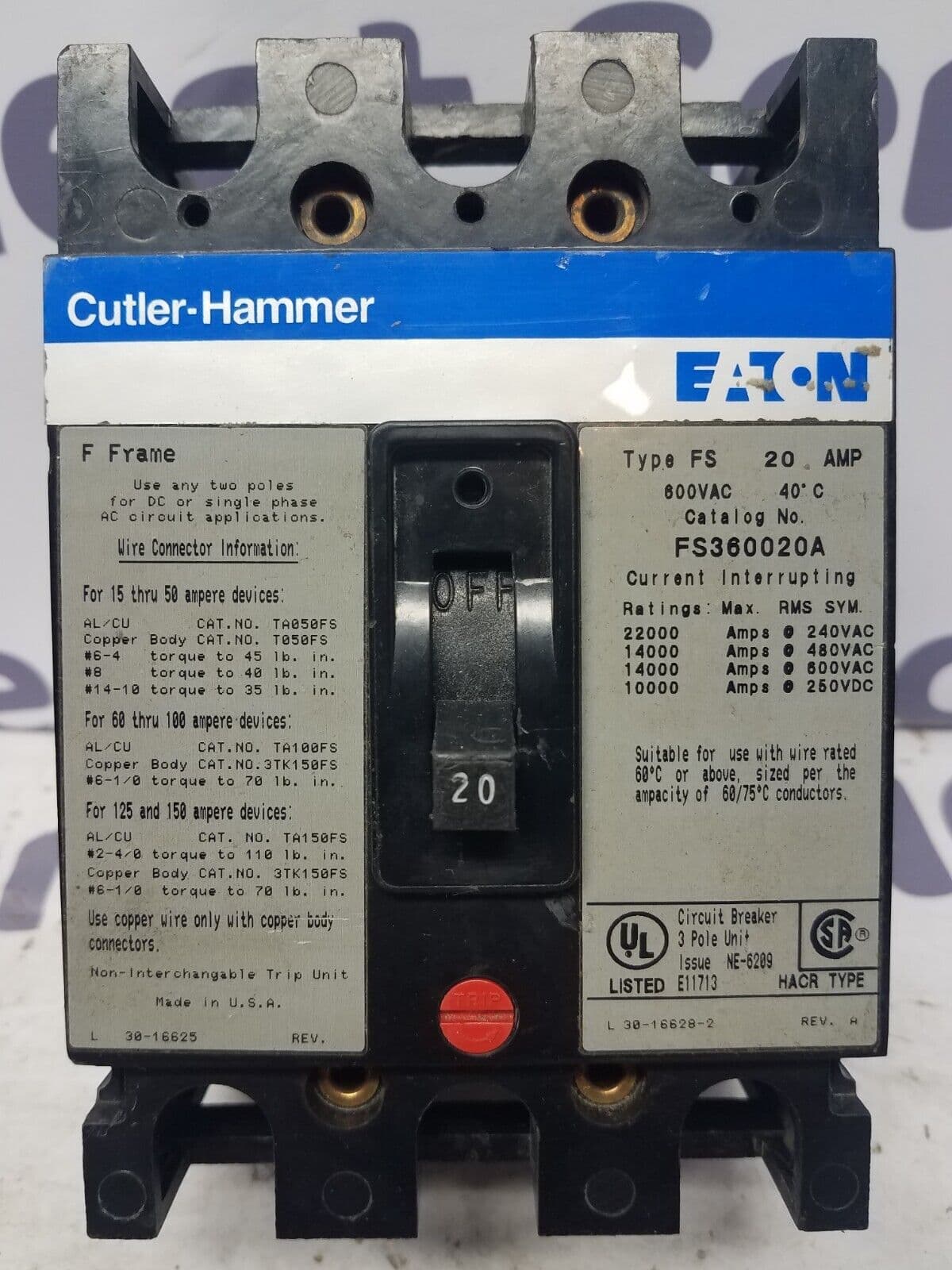 Cutler Hammer FS360020A Circuit Breaker 20A 3P 600V 3PH FS 20 Amp 3 Pole