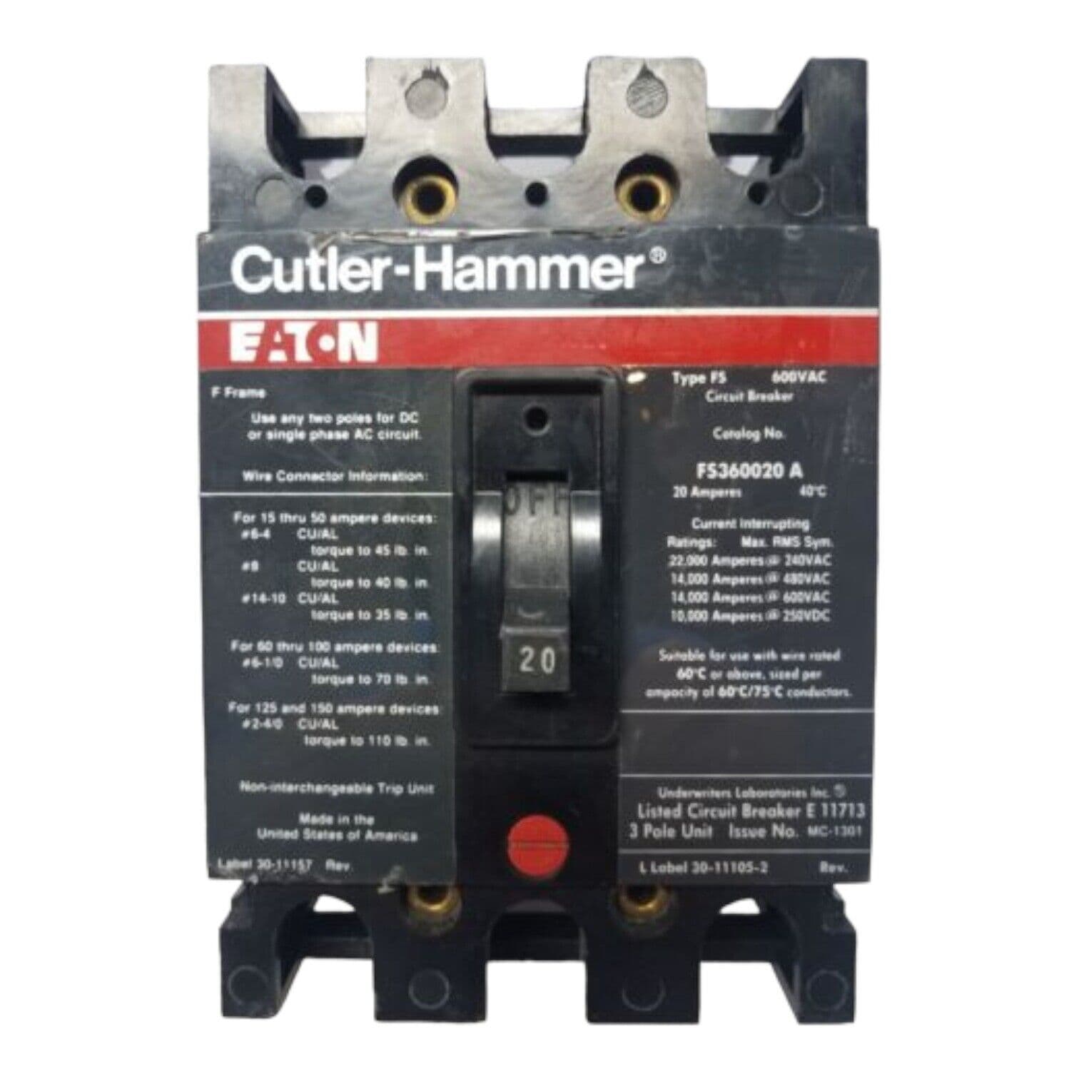 Cutler Hammer FS360020A Circuit Breaker 20A 3P 600V FS 3 pole 20 Amp – image 1
