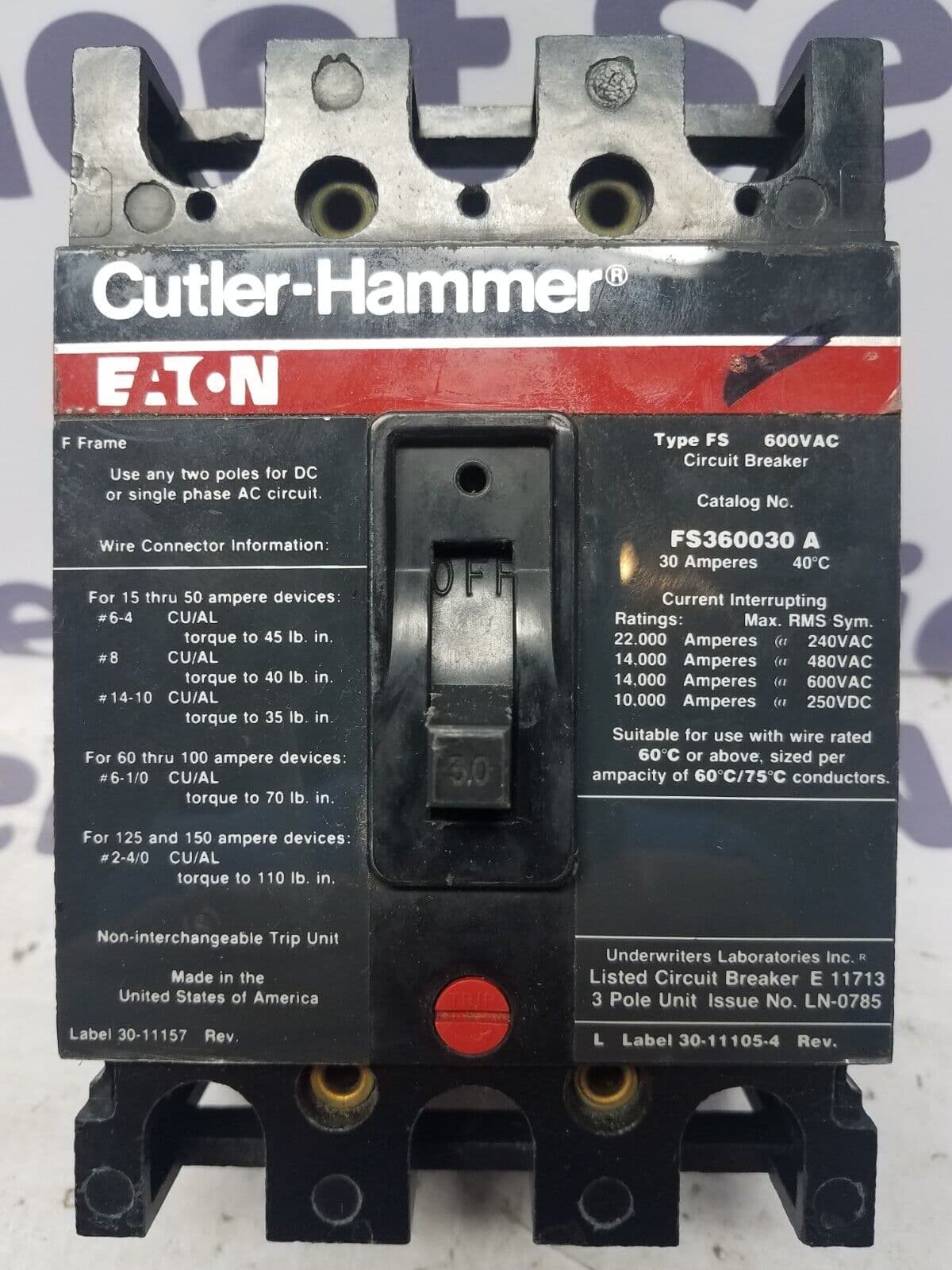 Cutler Hammer FS360030A Circuit Breaker 30A 3P 600V FS 3PH 3 pole 30 Amp – image 1