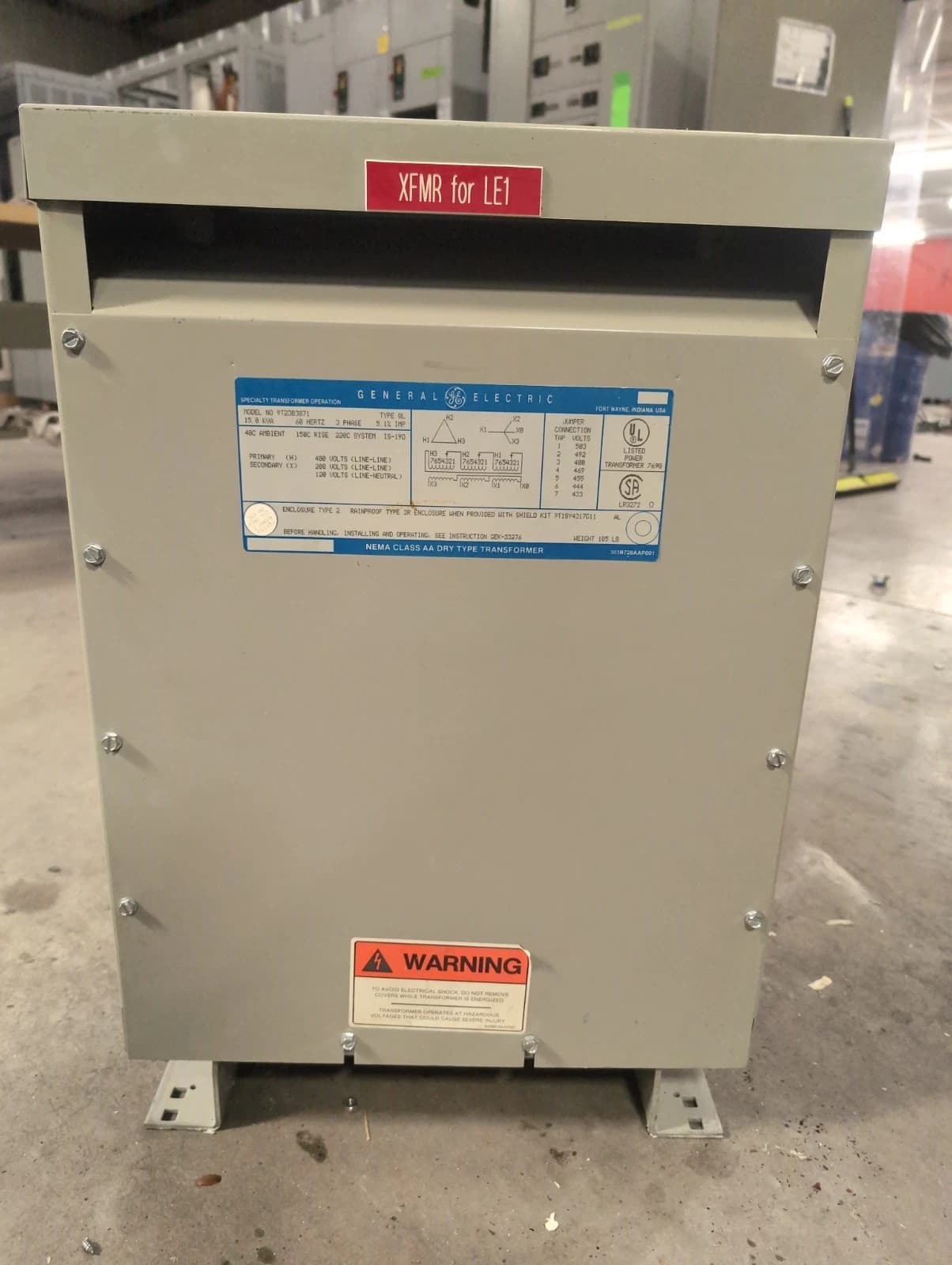 15KVA GE 9T23B3871 Transformer Pri 480V Sec 208/120V 3PH Type 2 Encl Indoor 60Hz – image 1