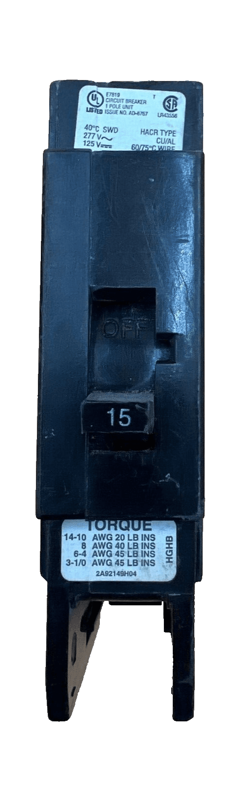 Cutler Hammer GHB1015 Circuit Breaker 15A 277V 1P GHB 15 AMp 1 Pole Bolt on – image 1