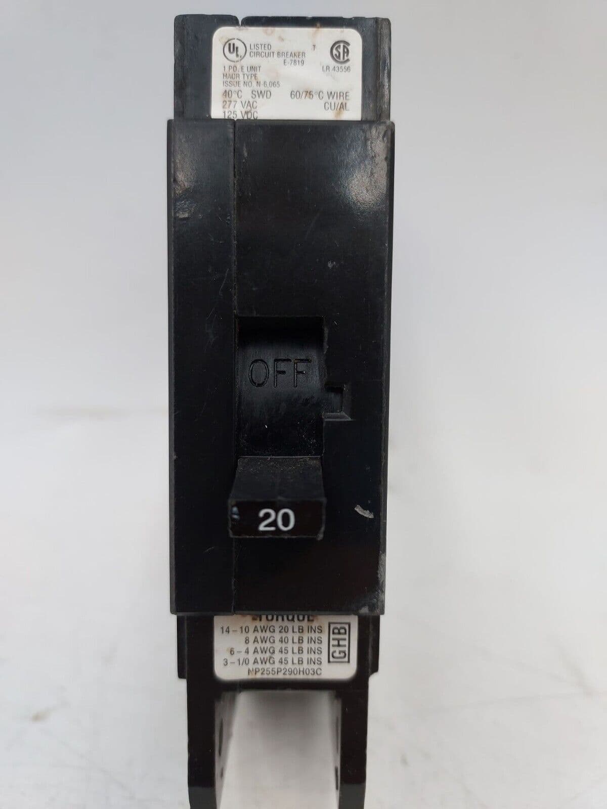Eaton GHB1020HID Circuit Breaker 20A 1P 277V GHB 20 Amp 1 POLE BOLT ON Used – image 1