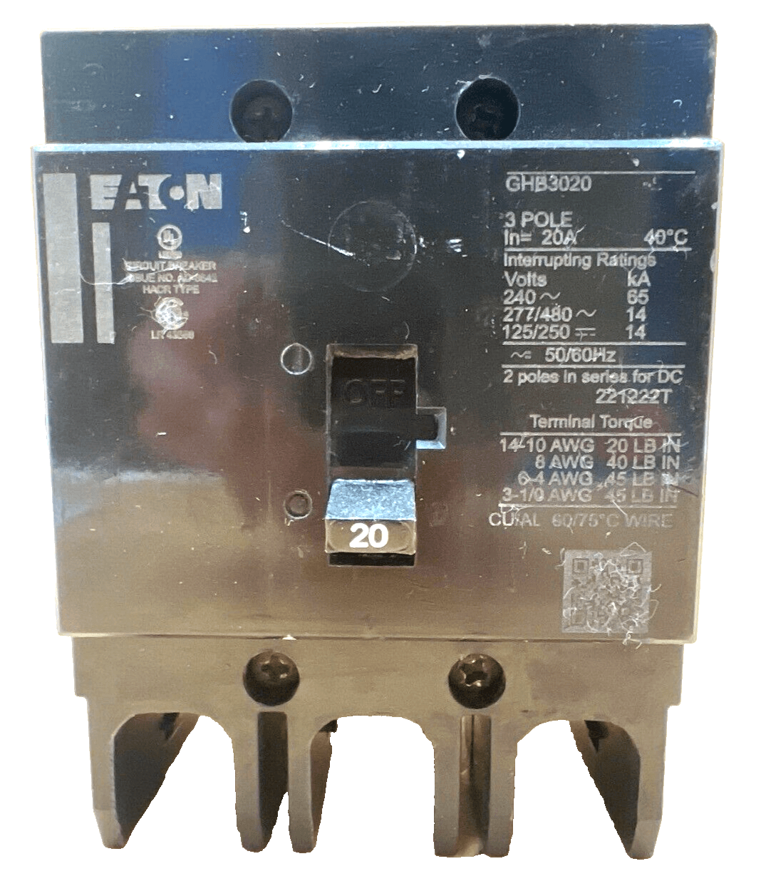 Eaton CH GHB3020 Bolt on Circuit Breaker 20A 480/277V 3P GHB 20 Amp 3 Pole