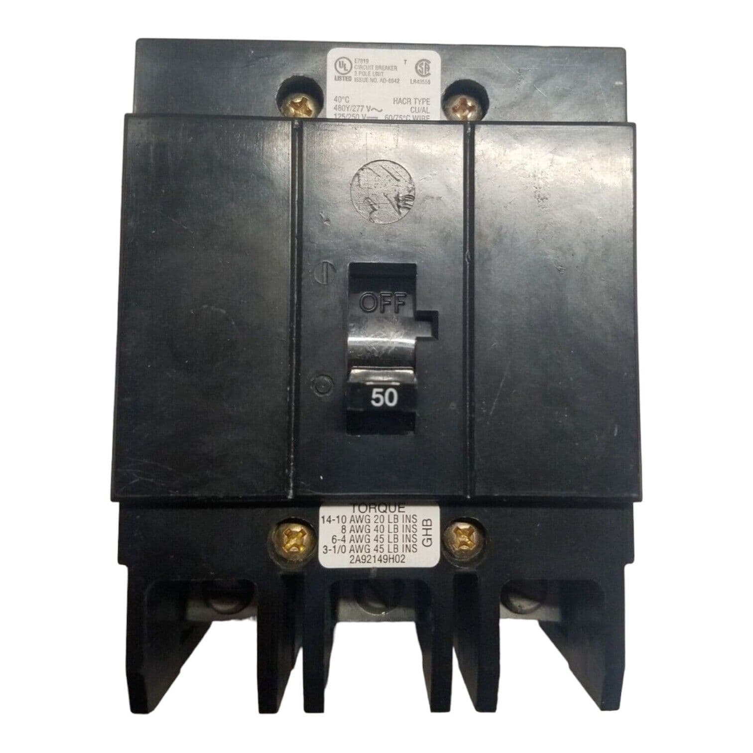 Cutler Hammer GHB3050 Circuit Breaker 50A 3P 480V GHB 3 pole 50 Amp Bolt On
