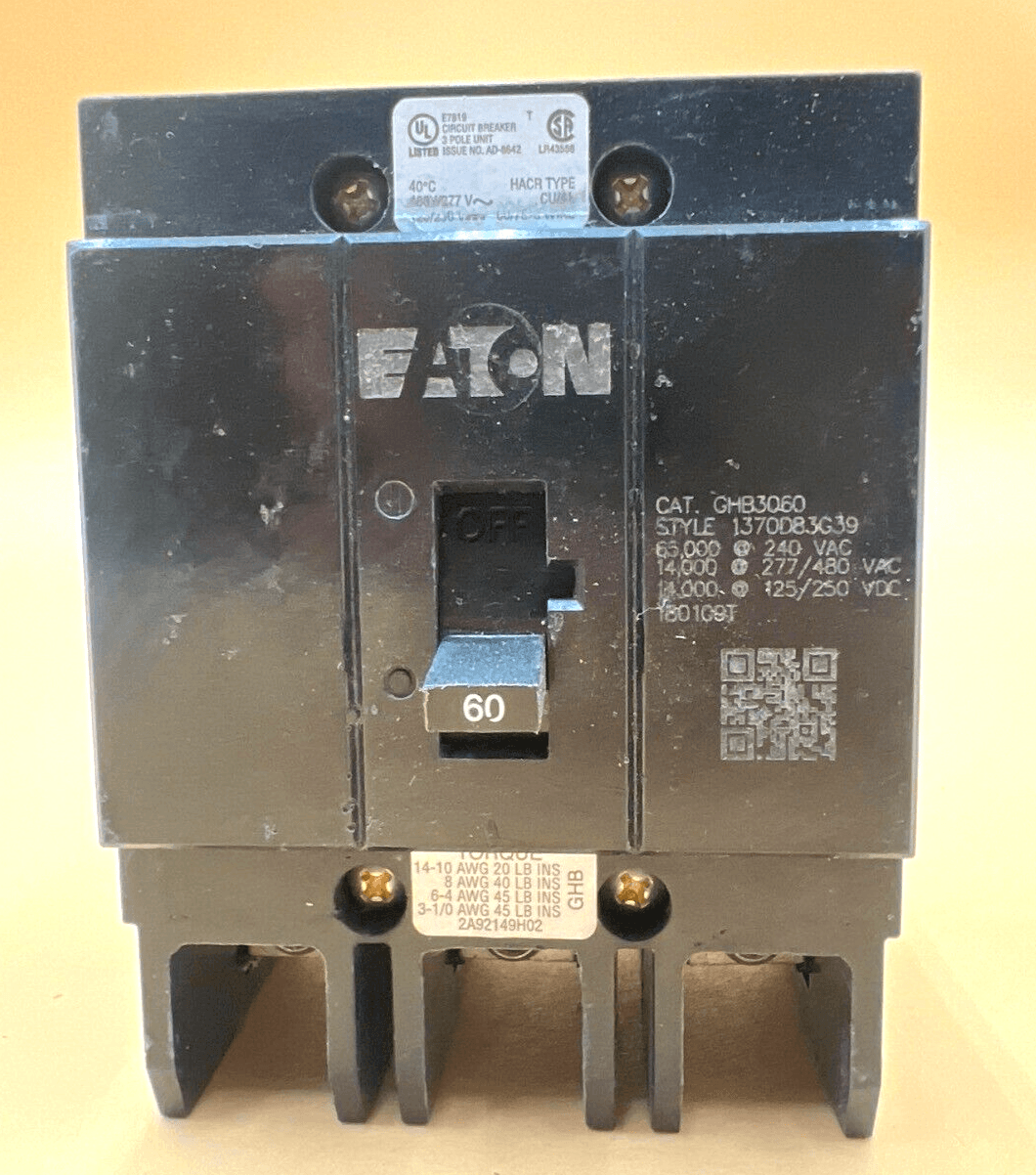 Cutler Hammer GHB3060 Bolt On Circuit Breaker 60A 480/277V 3P 60 Amp 3 Pole