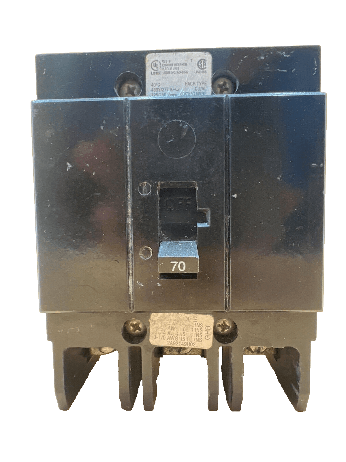 Cutler Hammer GHB3070 Bolt On Circuit Breaker 70A 480/277V 3P GHB 70 Amp 3 Pole