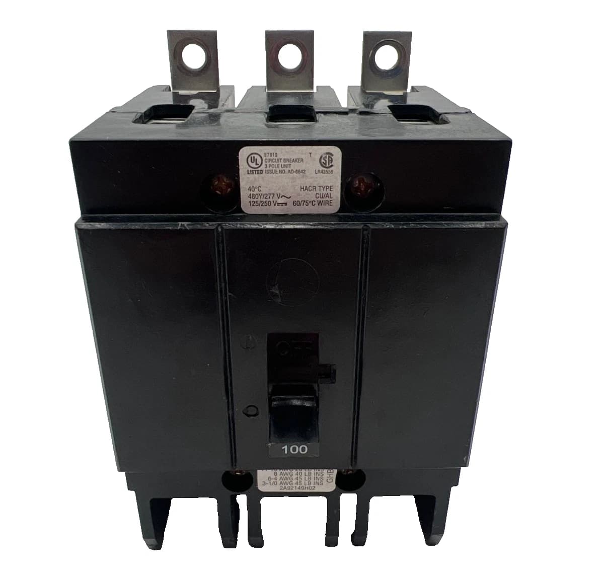 Cutler Hammer GHB3100 Bolt On Circuit Breaker 3 Pole 100 Amp 480v 3P 100A