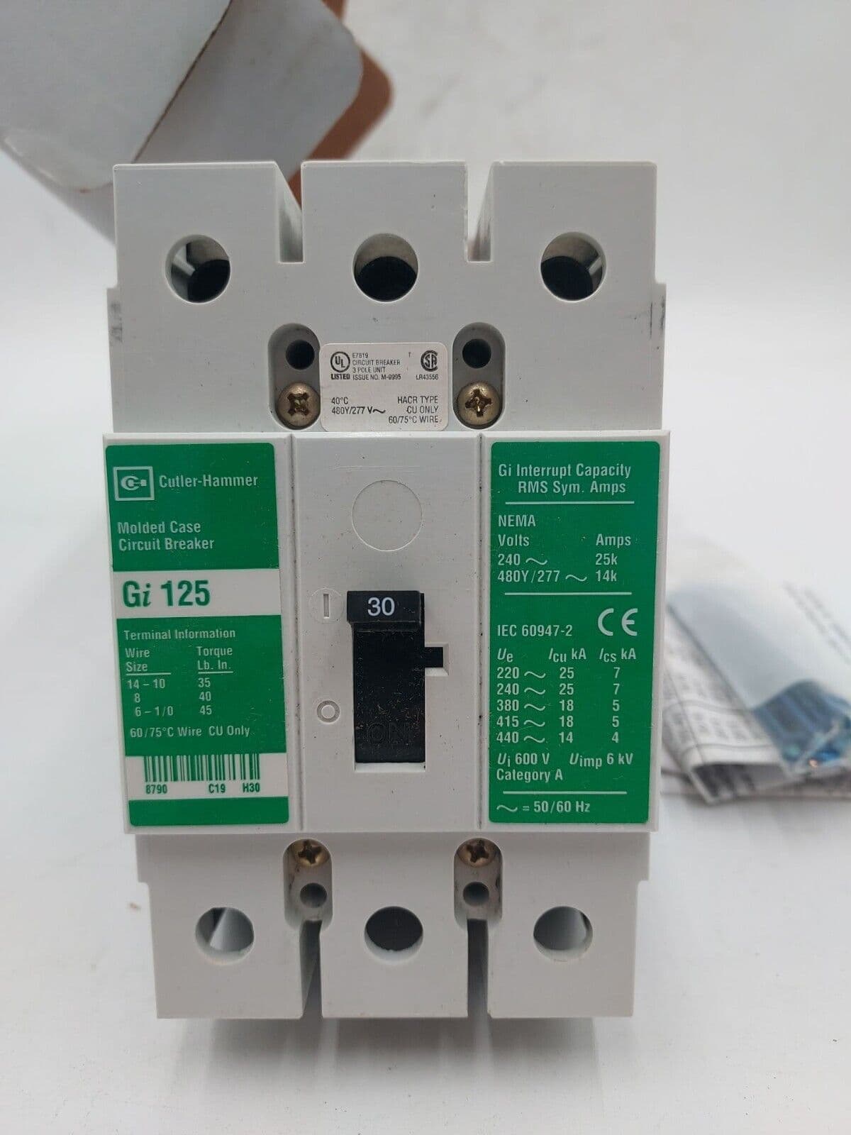 EATON CH GI3030 Circuit Breaker 30A 3P 415V 30 Amp 3 Pole BOLT ON – image 1