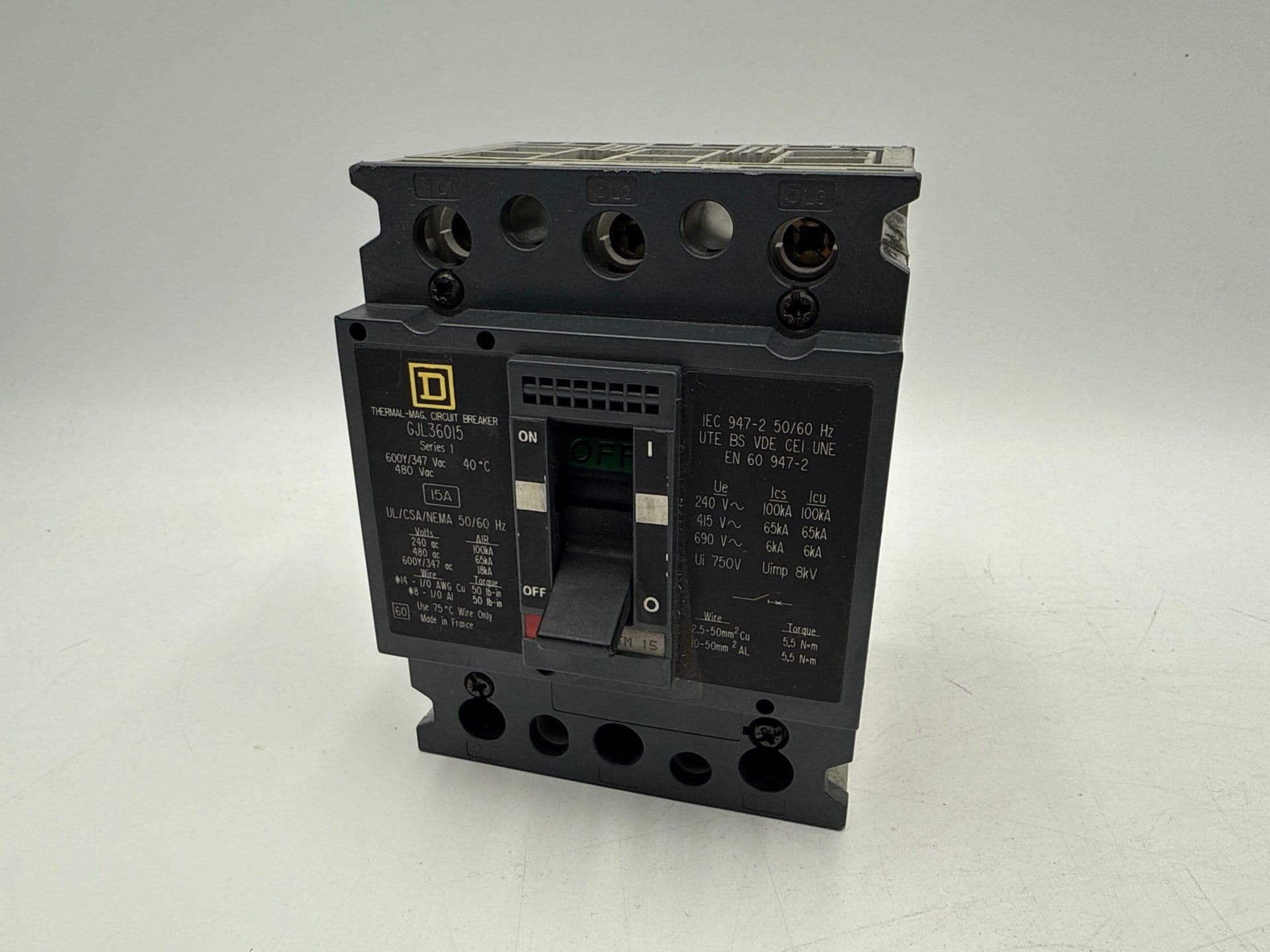 Square D GJL36015 Circuit Breaker 15A 3P 600V GJL 15 Amp 3 Pole PowerPact – image 1