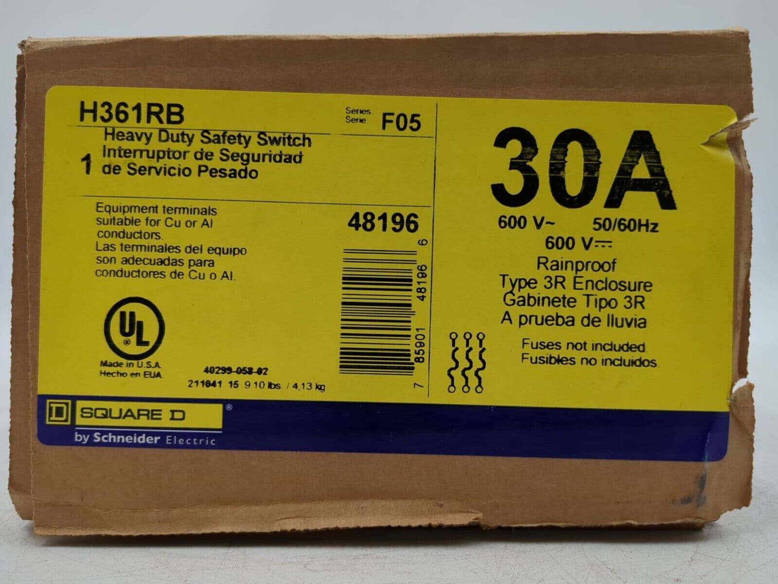 Square D H361RB Safety Disconnect Switch 30A 3P 600V Type 3R 30 Amp 600 VAC