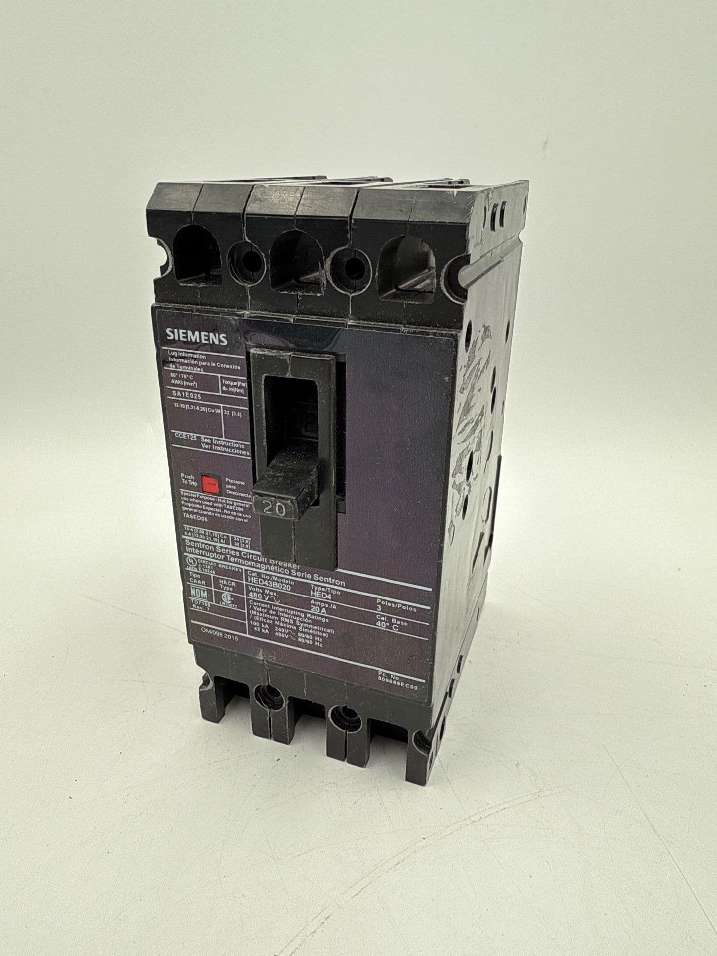 Siemens HED43B020 Circuit Breaker 20A 3P 480V 3PH HED4 20 Amp 3 Pole Black