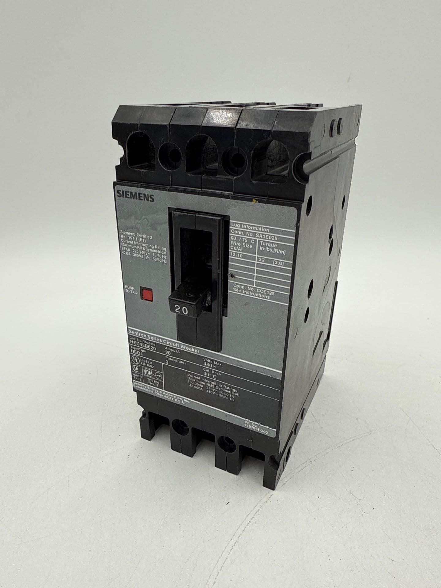 Siemens HED43B020 Circuit Breaker 20A 3P 480V 3PH HED4 20 Amp 3 Pole Gray