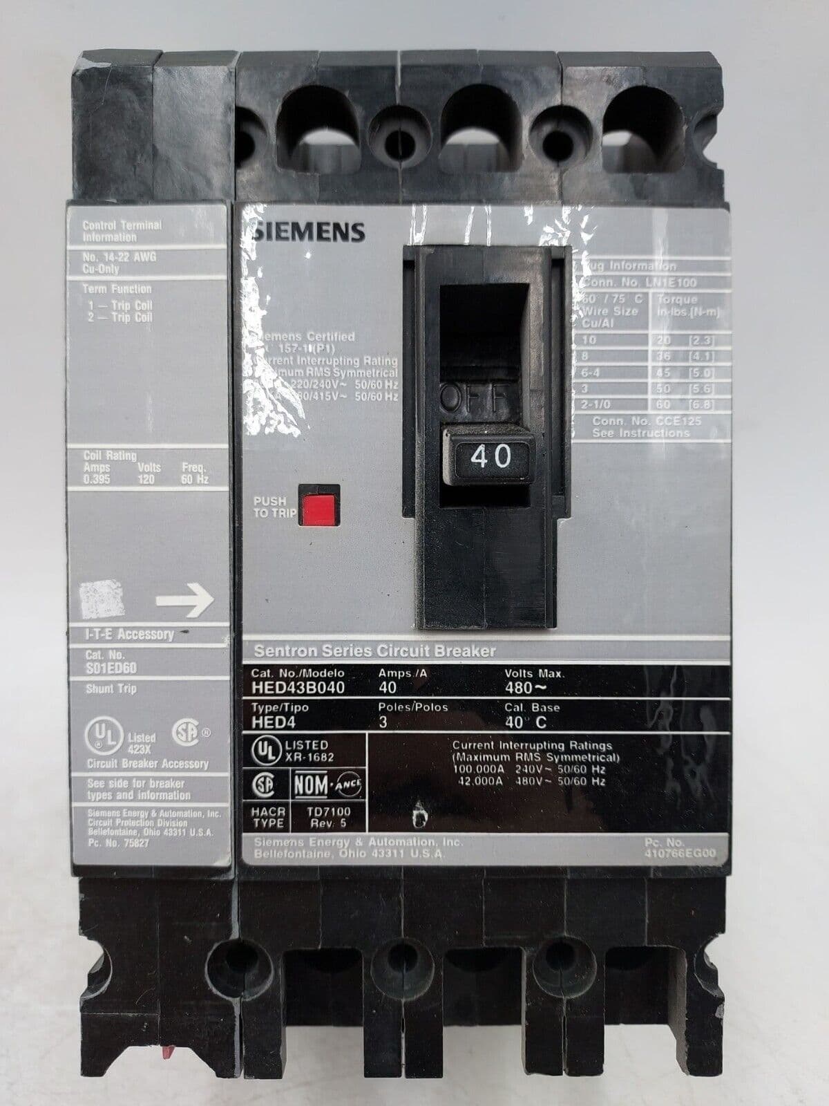 Siemens HED43B040 Circuit Breaker 40A 3P 480V w/S01ED60 Shunt Trip 40 Amp 3 Pole – image 1