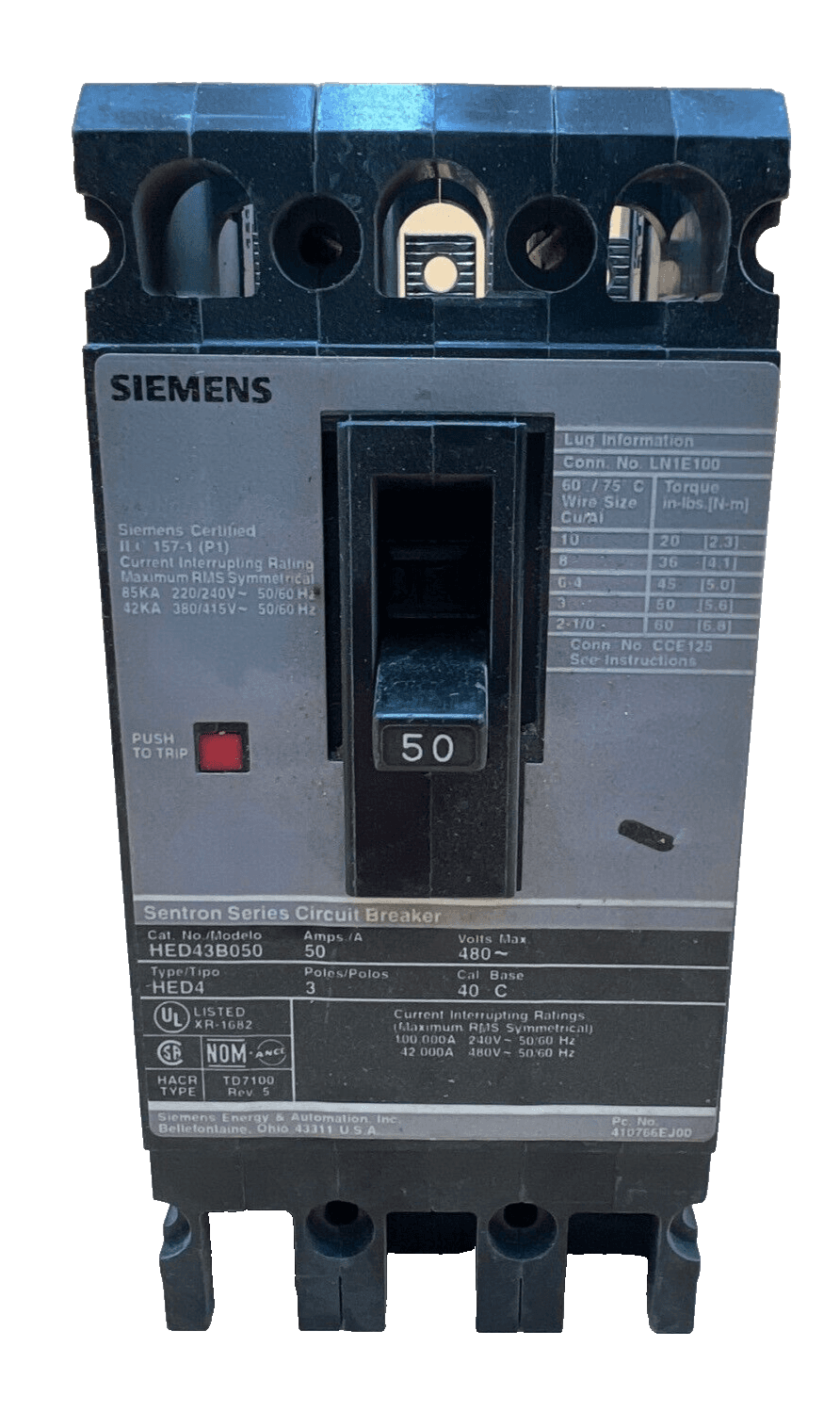 Siemens HED43B050 Circuit Breaker 50A 3P 480V 3PH 50 Amp HED4 50 Amp 3 Pole – image 1