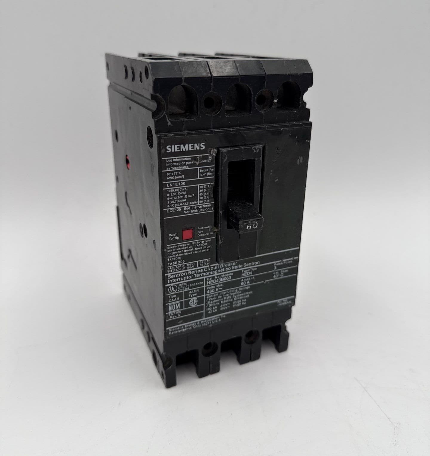 Siemens HED43B060 Circuit Breaker 60A 3P 480V HED4 60 Amp 3 Pole – image 1