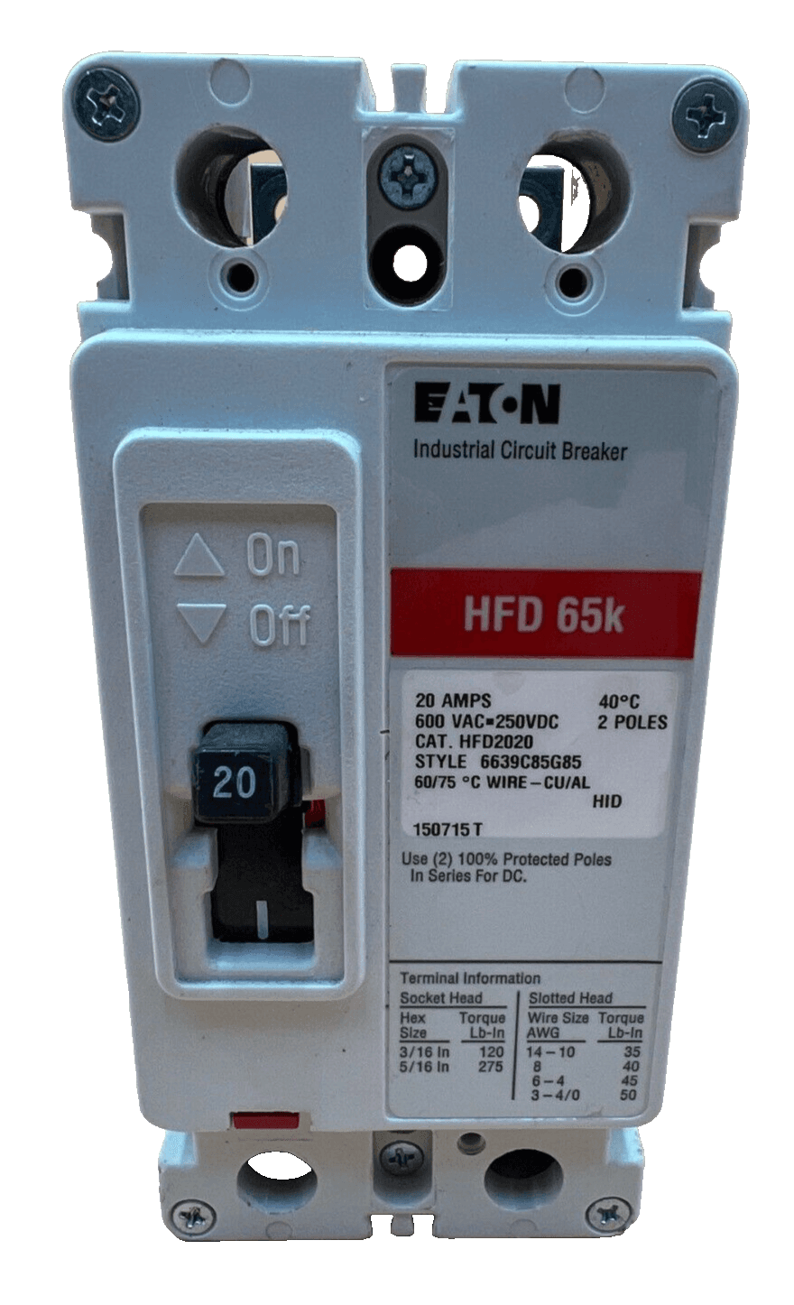 Eaton HFD2020 Circuit Breaker 20A 2P 600V 1PH HFD 65k 20 Amp 2 Pole – image 1