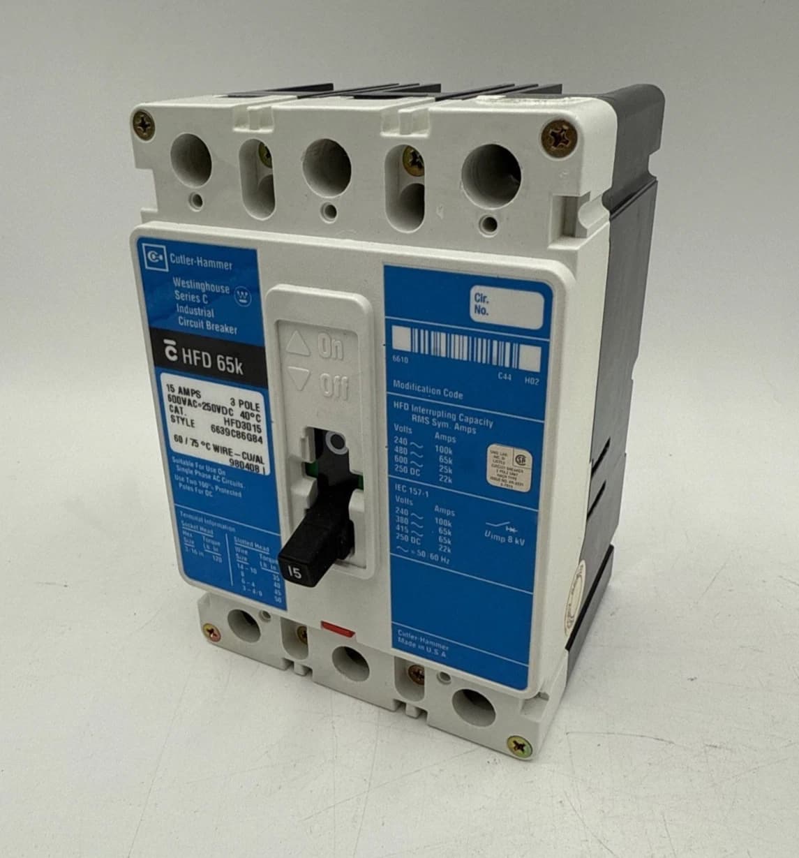 Cutler Hammer HFD3015 Circuit Breaker 15A 3P 600V 3PH HFD 65k 3 Pole 15 Amp
