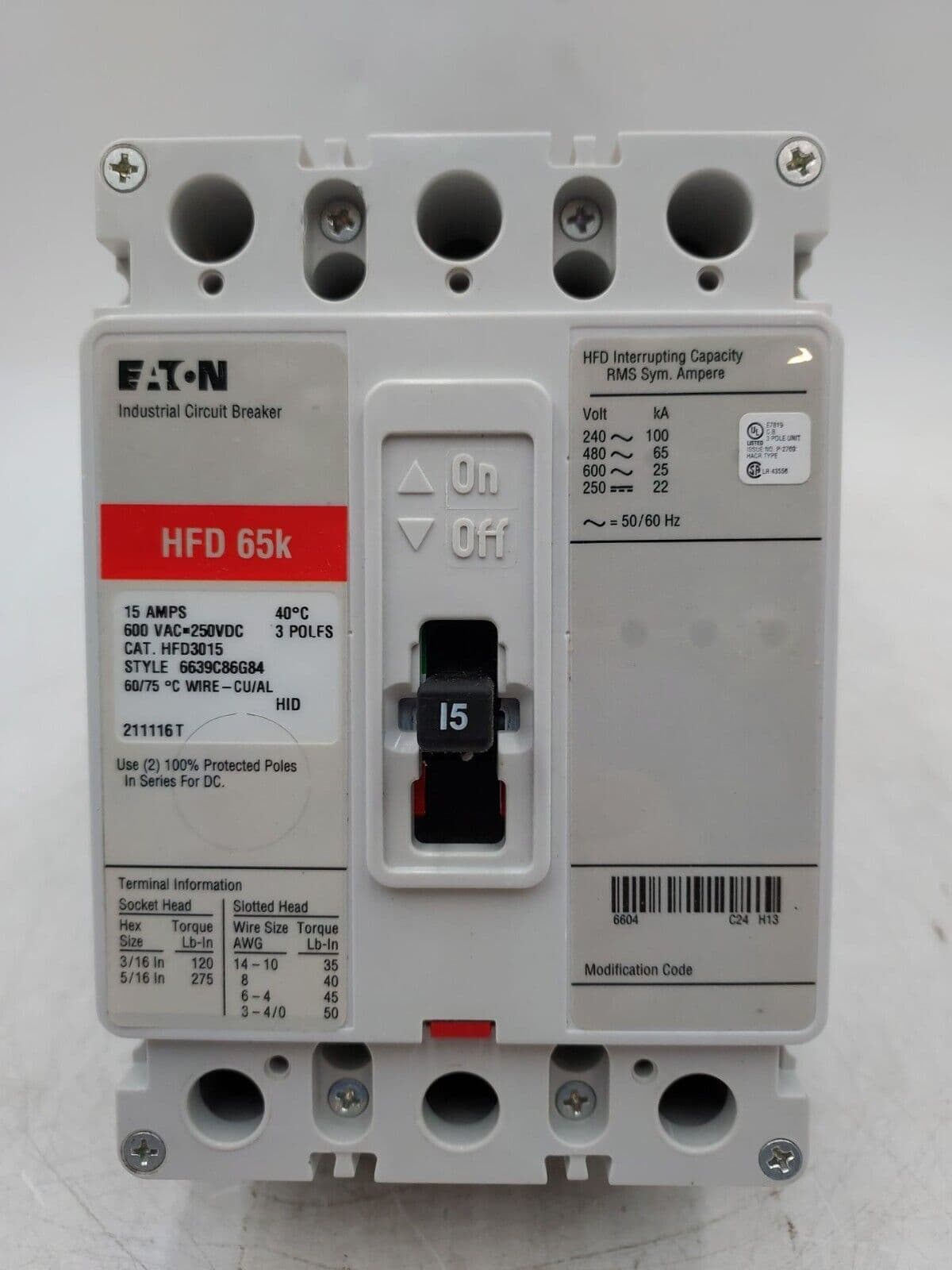 Eaton HFD3015 Circuit Breaker 15A 600V 3P HFD 65k 15 Amp 3 Pole