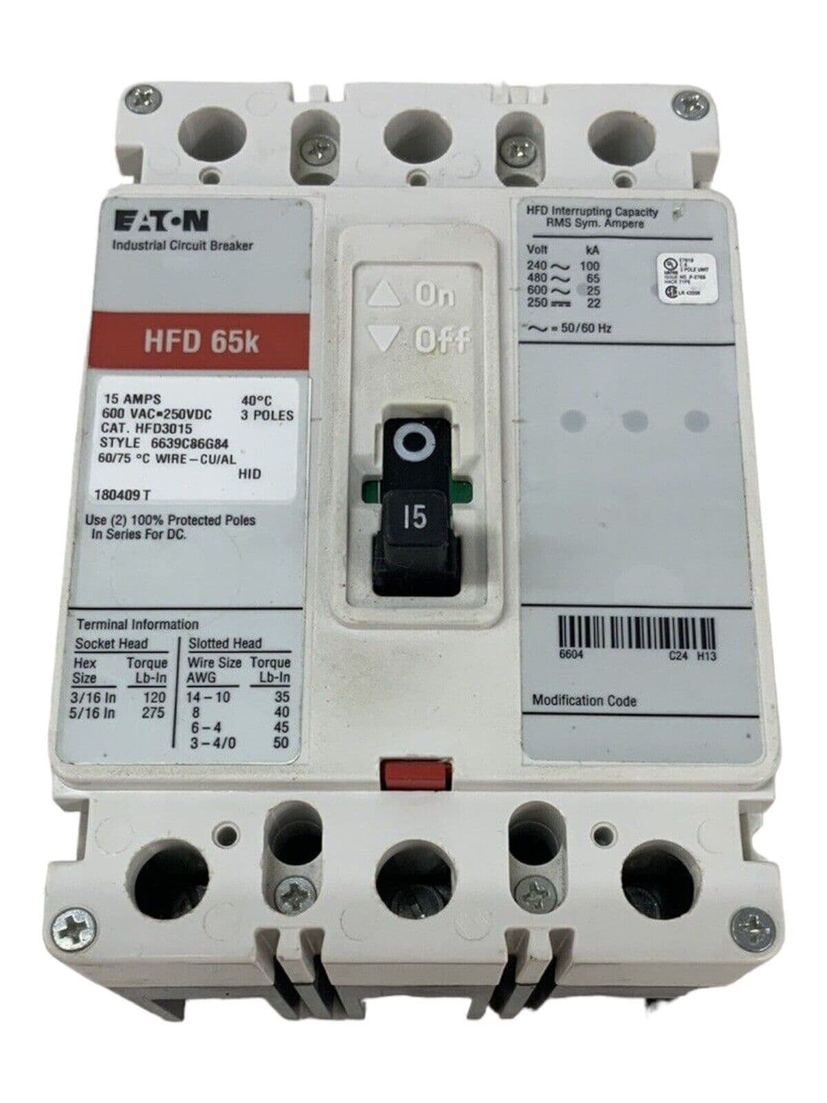 Eaton HFD3015 Circuit Breaker 15A 3P 600V 3PH HFD 65k 3 Pole 15 Amp