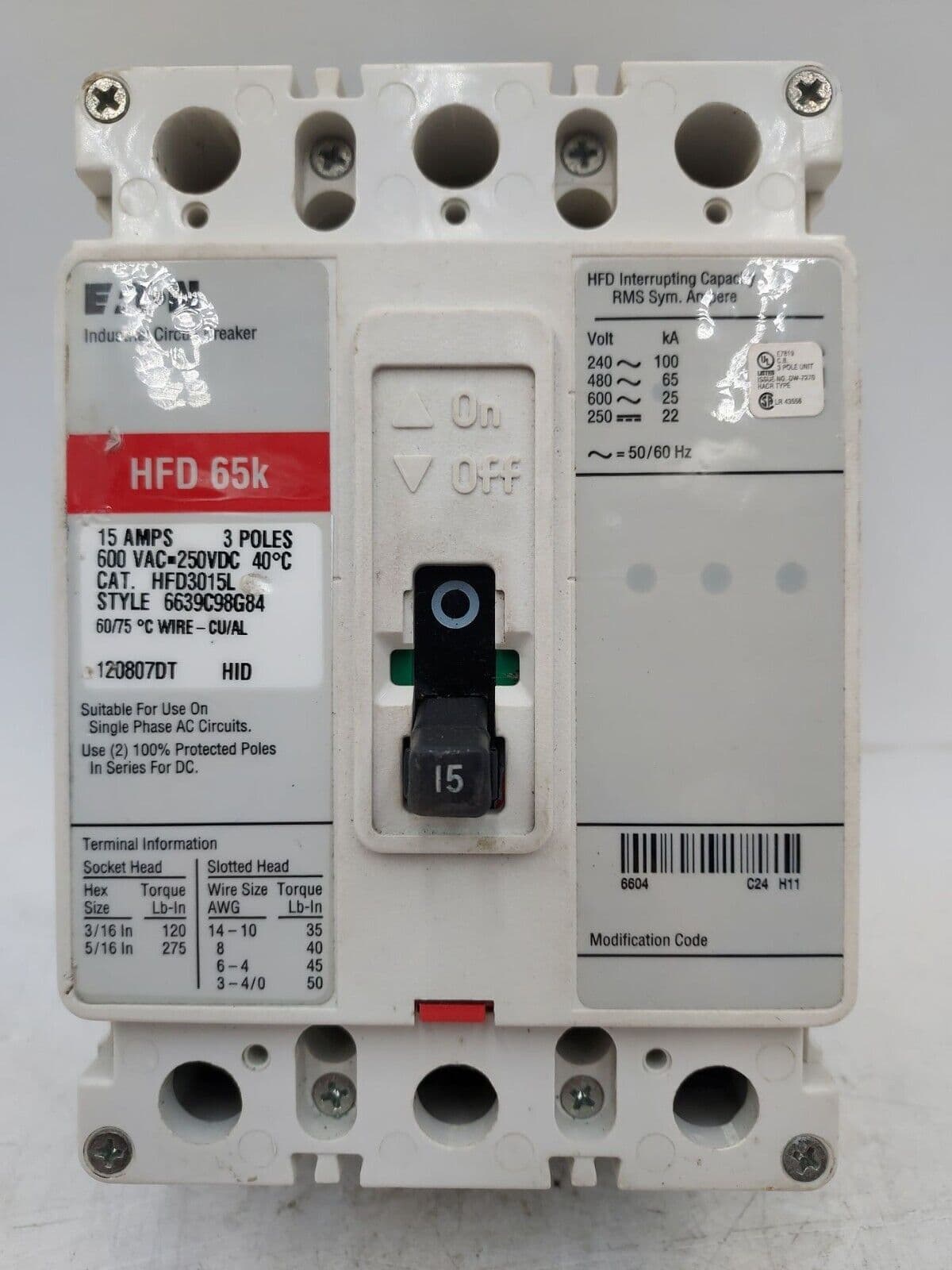 EATON CH HFD3015L Circuit Breaker 15A 600V 3P 15 Amp 3 Pole BOLT ON – image 1