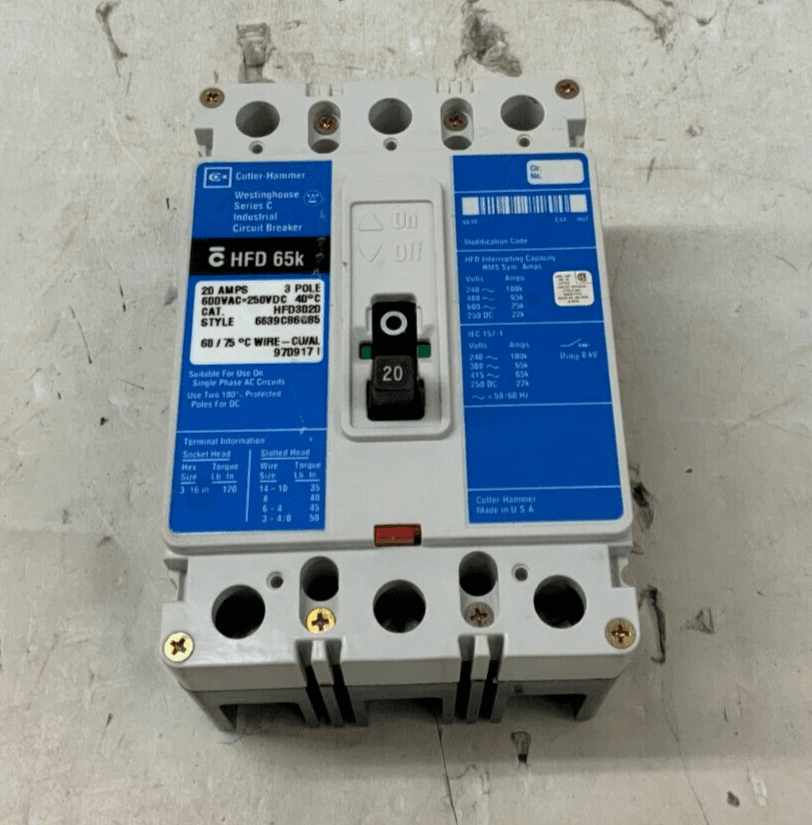 Cutler Hammer HFD3020 Circuit Breaker 20A 3P 600V 3PH HFD 65k 20 Amp 3 Pole