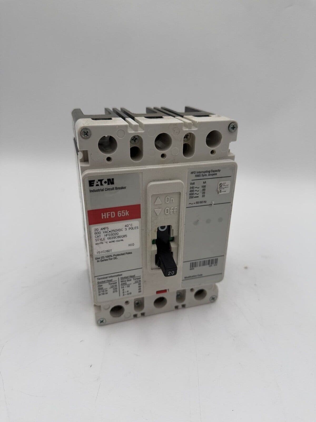 Eaton HFD3020 Circuit Breaker 20A 3P 600V 3PH HFD 65k Red 20 Amp