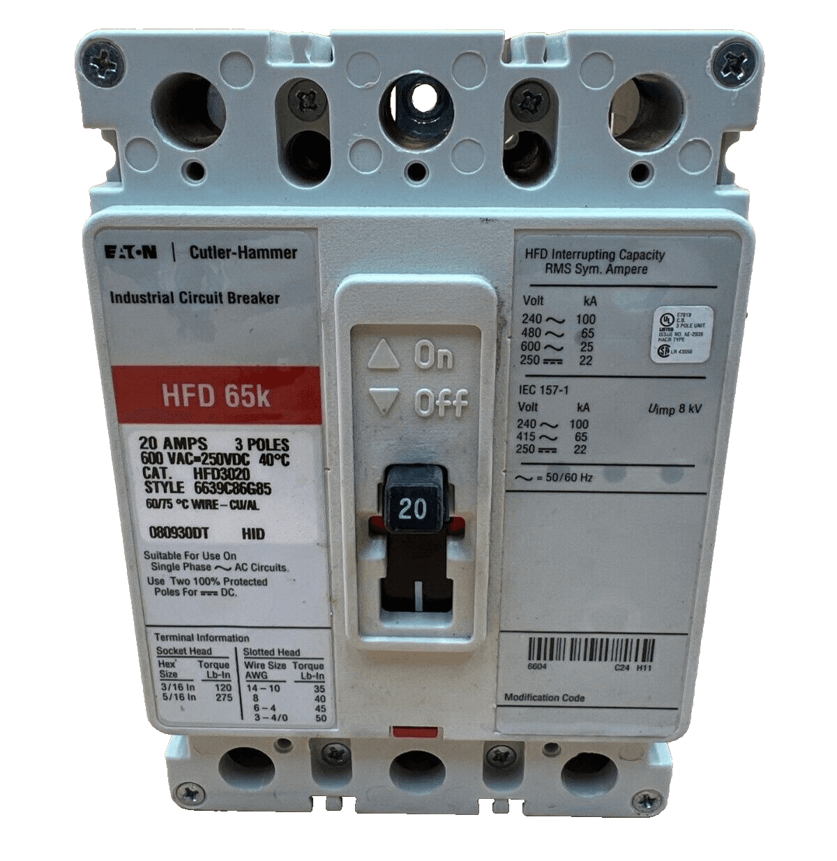 Eaton HFD3020 Circuit Breaker 20A 3P 600V 3PH HFD 65k Red 20 Amp 3 Pole – image 1