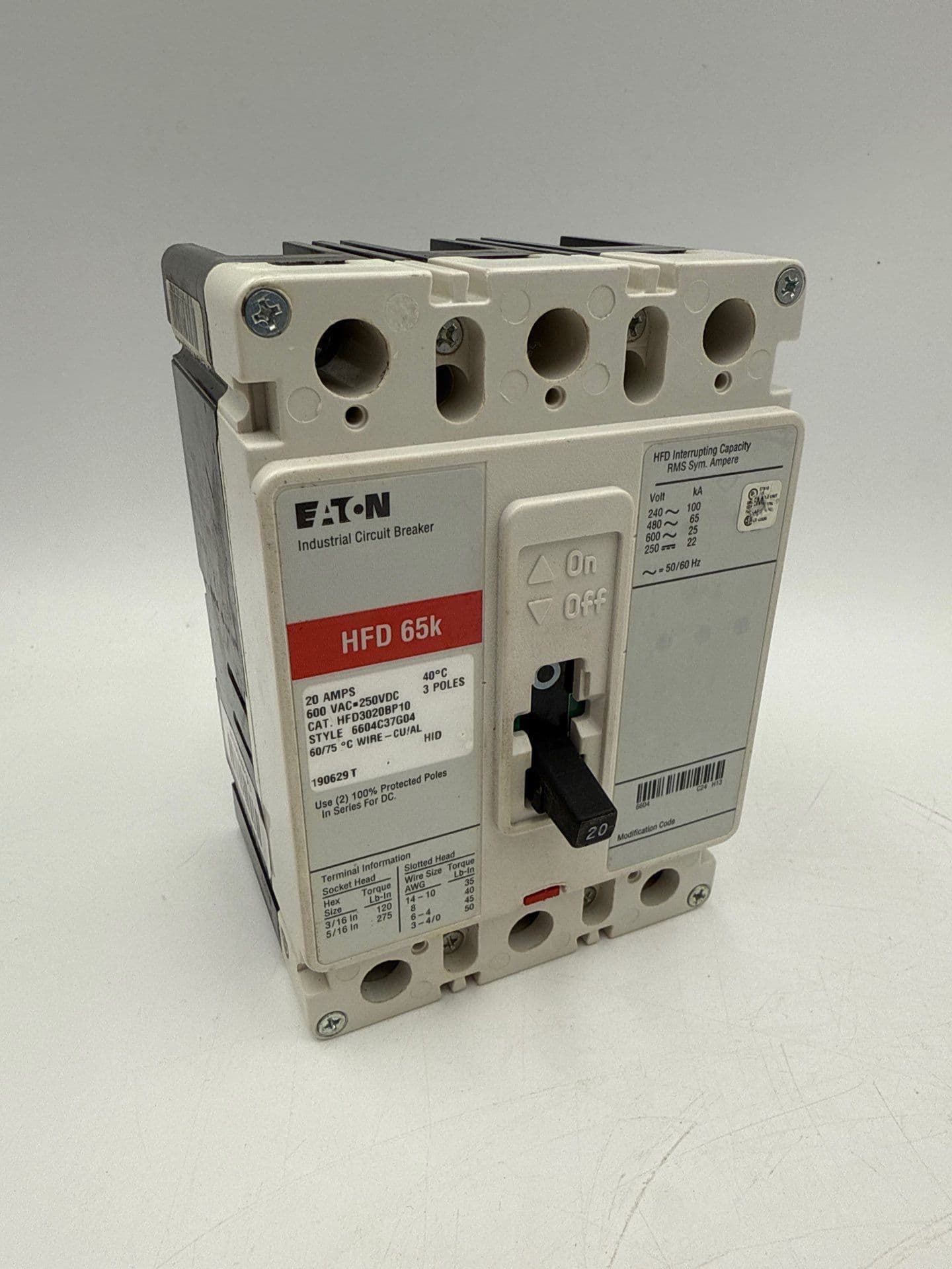 Eaton HFD3020BP10 Circuit Breaker 20A 3P 600V 3PH HFD 65k 20 Amp 3 Pole – image 1