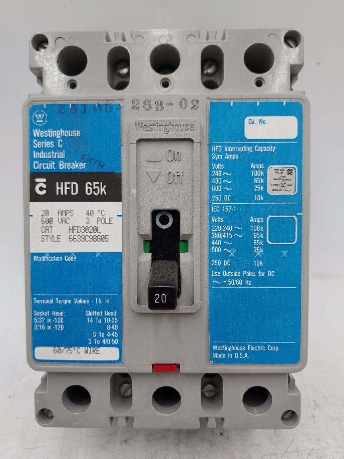 EATON CH HFD3020L Circuit Breaker 20A 3P 600V HFD 65K 20 Amp 3 Pole Grey – image 1