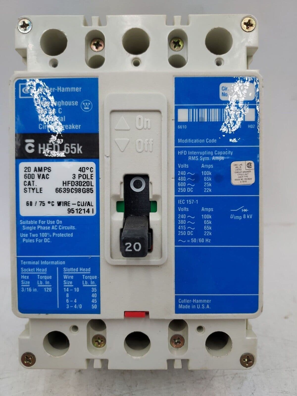 EATON CH HFD3020L Circuit Breaker 20A 3P 600V HFD 65K 20 Amp 3 POLE – image 1