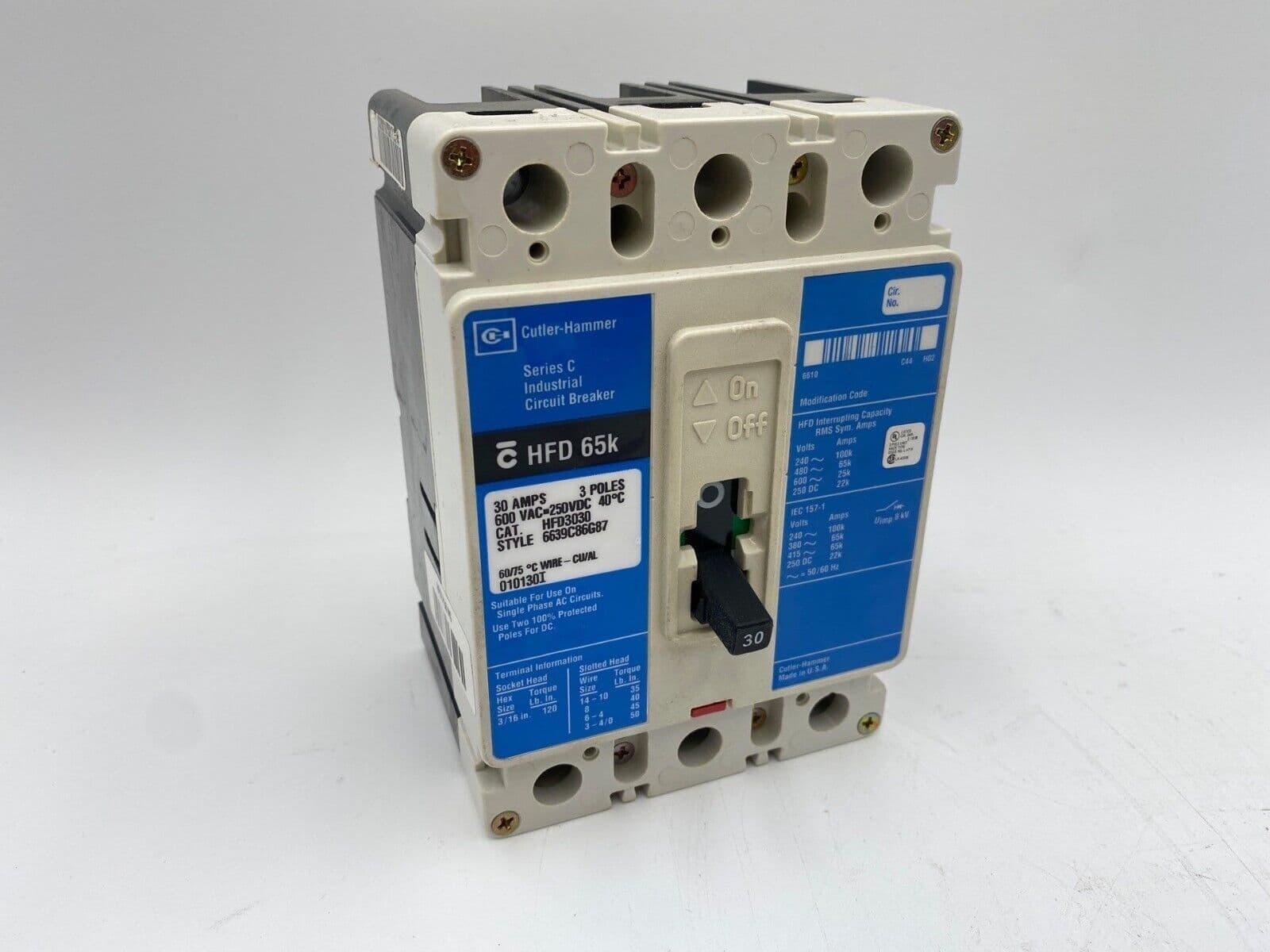 Eaton HFD3030 Circuit Breaker 30A 3P 600V 3PH HFD Bolt On 30 Amp 3 Pole BLUE