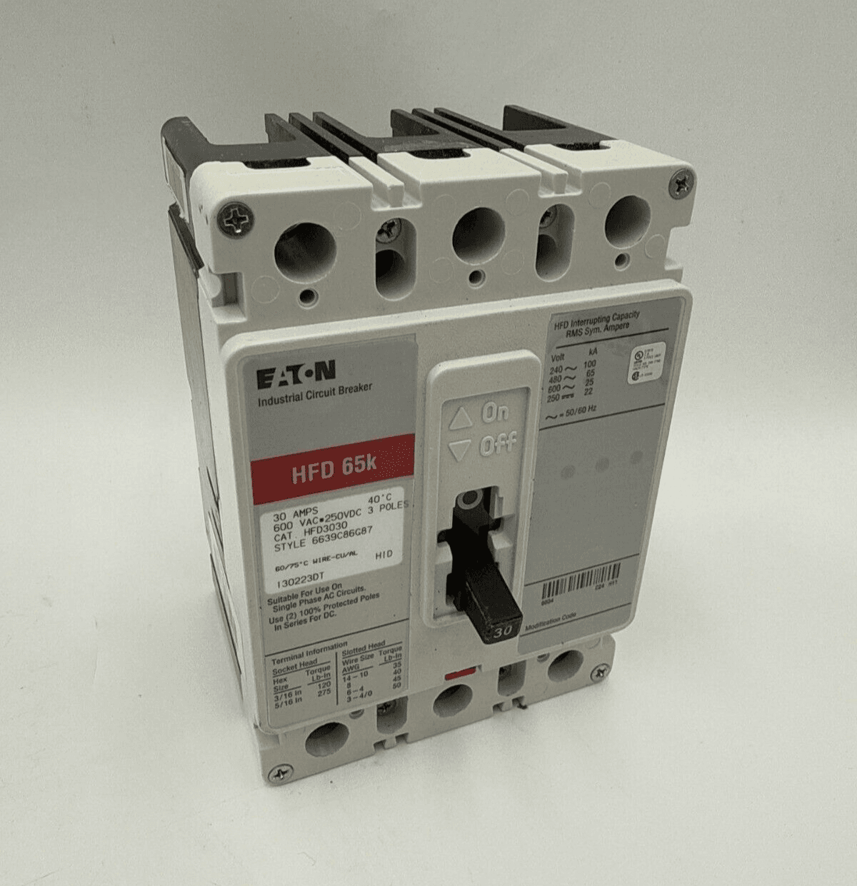 Eaton HFD3030 Circuit Breaker 30A 480V 3P 3PH HFD 65k 30 Amp 3 Pole – image 1