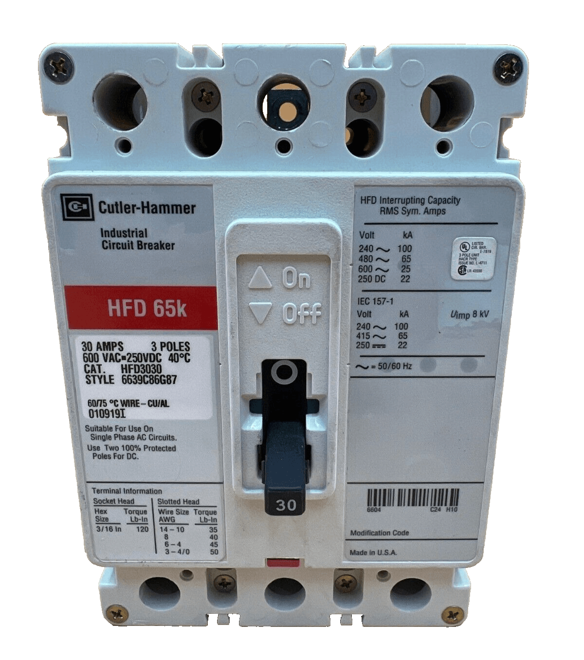 Cutler-Hammer HFD3030 Circuit Breaker 30A 480V 3P HFD 65k 30 Amp 3 Pole
