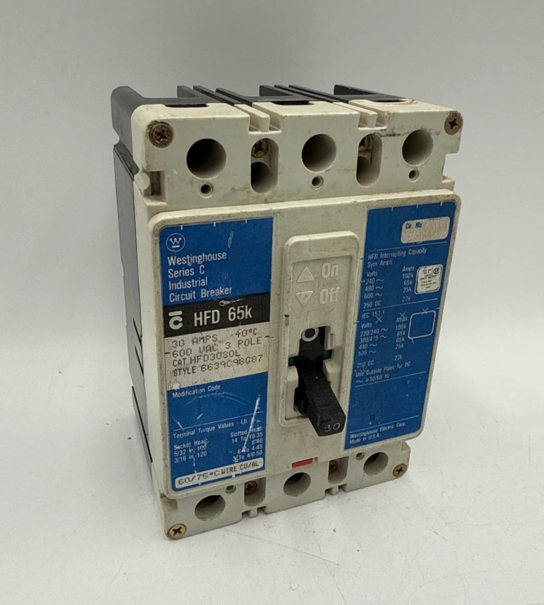 Westinghouse HFD3030L Circuit Breaker 30A 3P 600V 3PH HFD Bolt On 30 Amp 3 Pole