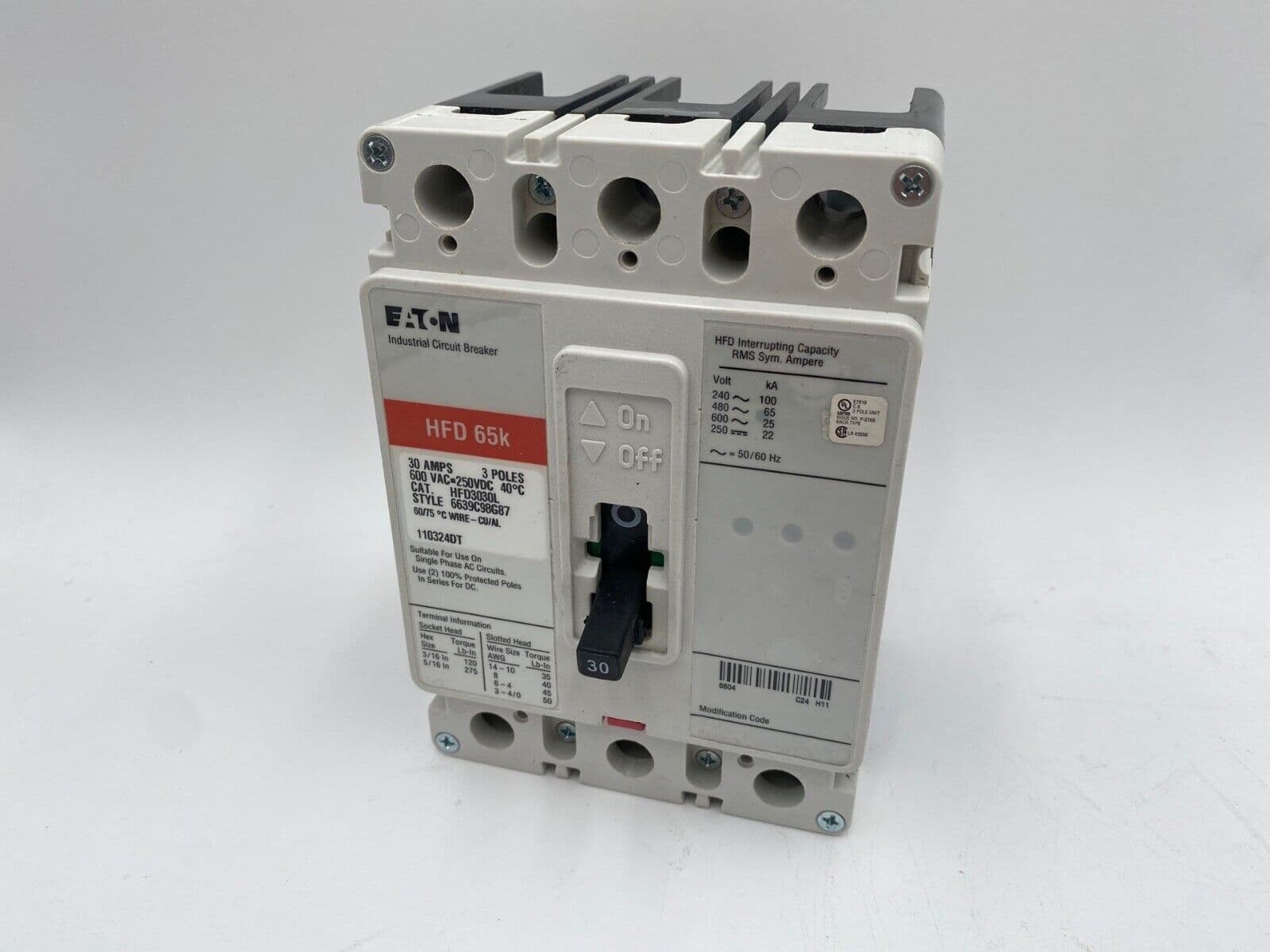 Eaton HFD3030L Circuit Breaker 30A 3P 600V 3PH HFD Bolt On 30 Amp 3 Pole – image 1
