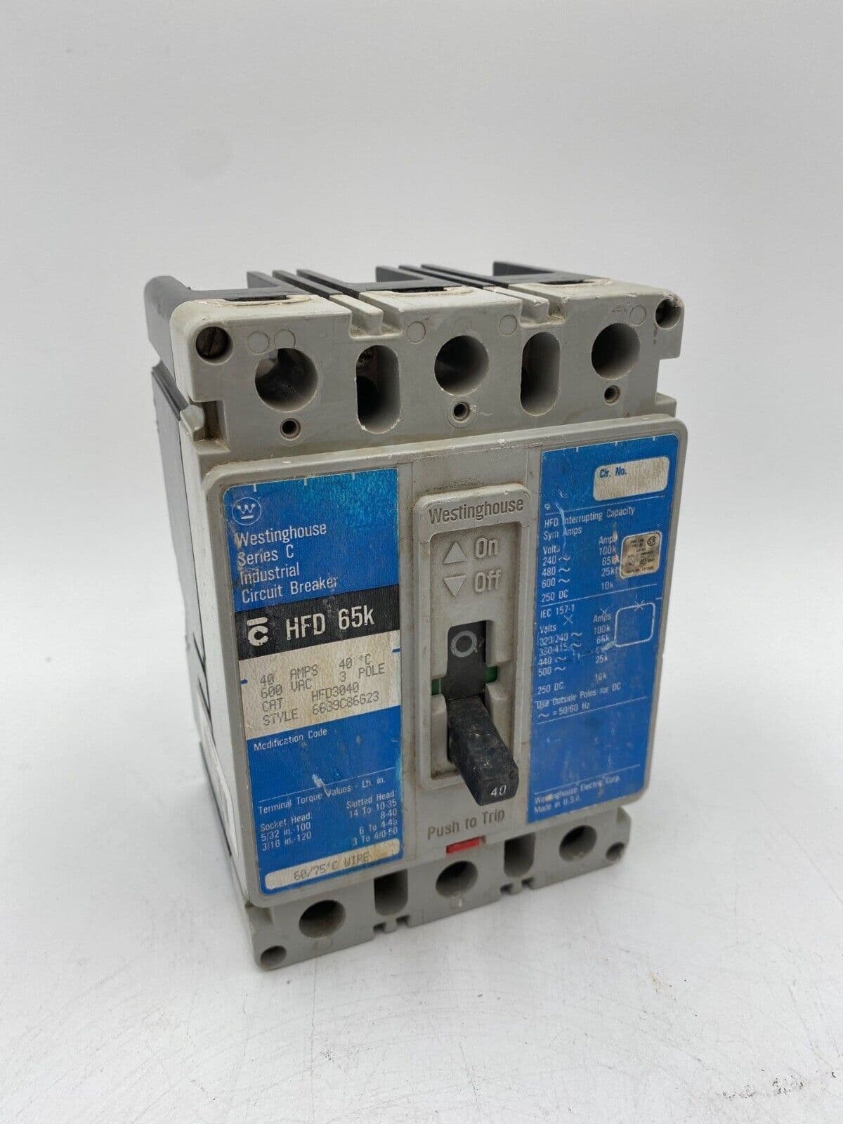 Eaton HFD3040 Circuit Breaker 40A 3P 600V 3PH HFD 65k 40 Amp 3 Pole Grey