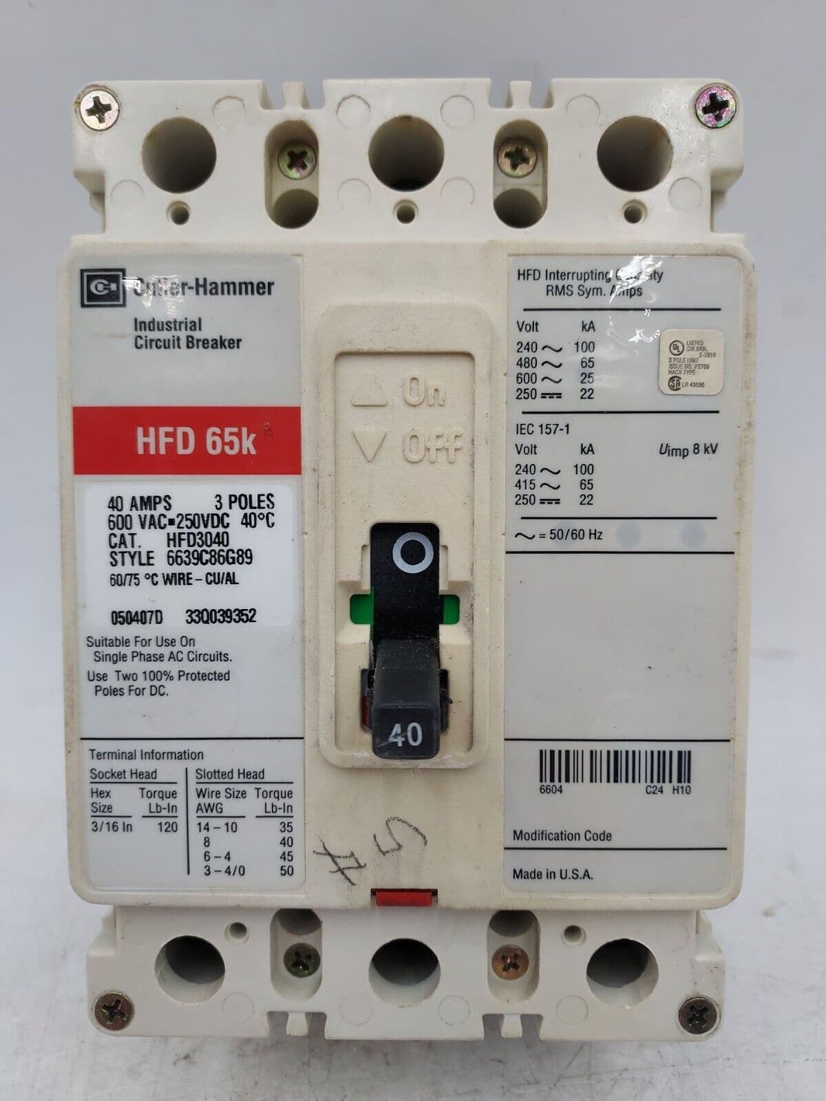 EATON CH HFD3040 Circuit Breaker 40A 3P 600V HFD 65k 40 Amp 3 POLES BOLT ON – image 1