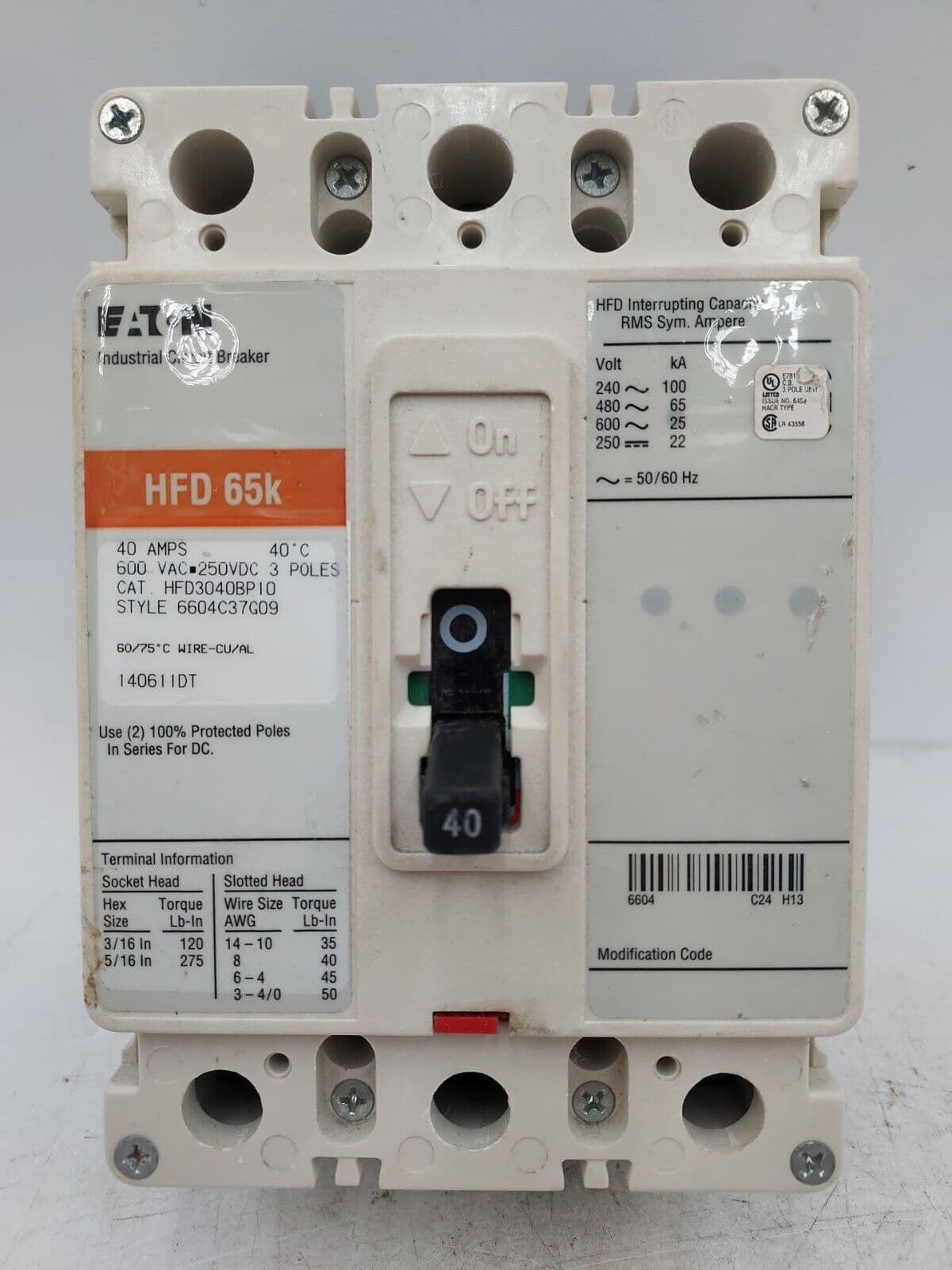 EATON CH HFD3040BP10 Circuit Breaker 40A 3P 600V 40 Amp 3 POLE BOLT ON – image 1