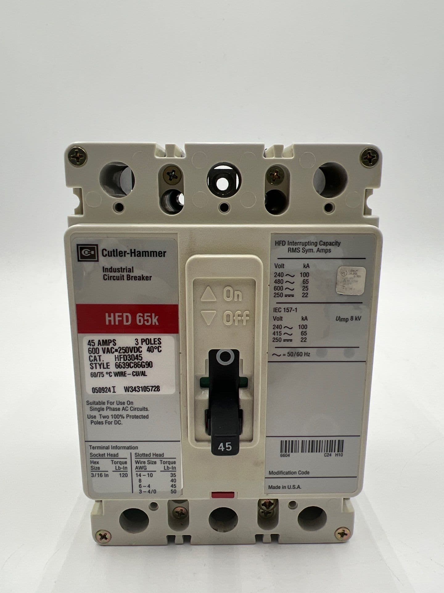 Cutler Hammer HFD3045 Circuit Breaker 45A 3P 600V 3PH HFD 65k 45 Amp 3 Pole – image 1