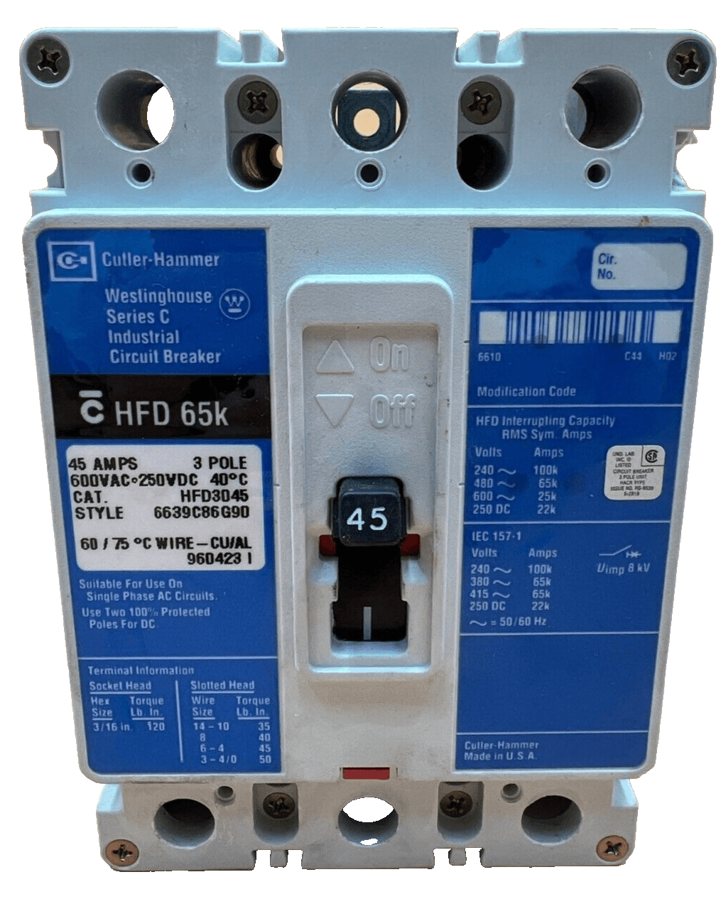Cutler Hammer HFD3045 Circuit Breaker 45A 3P 600V 3PH HFD 65k 45 Amp 3 Pole – image 1