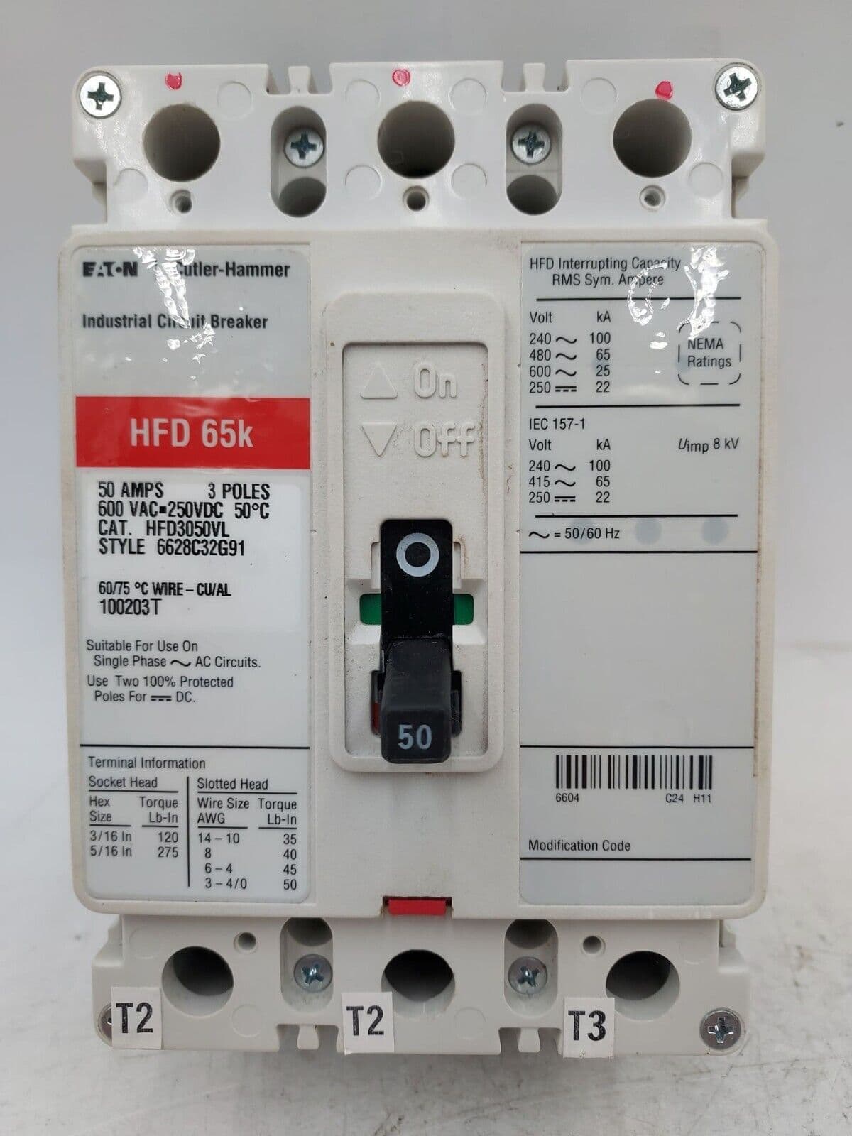 EATON CH HFD3050VL Circuit Breaker 50A 3P 600V HFD 65k 3 POLE 50 Amp – image 1