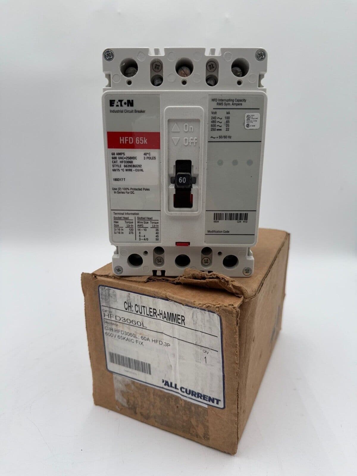 Cutler-Hammer HFD3060L Circuit Breaker 60A 3P 600V HF 65k 60 Amp 3 Pole