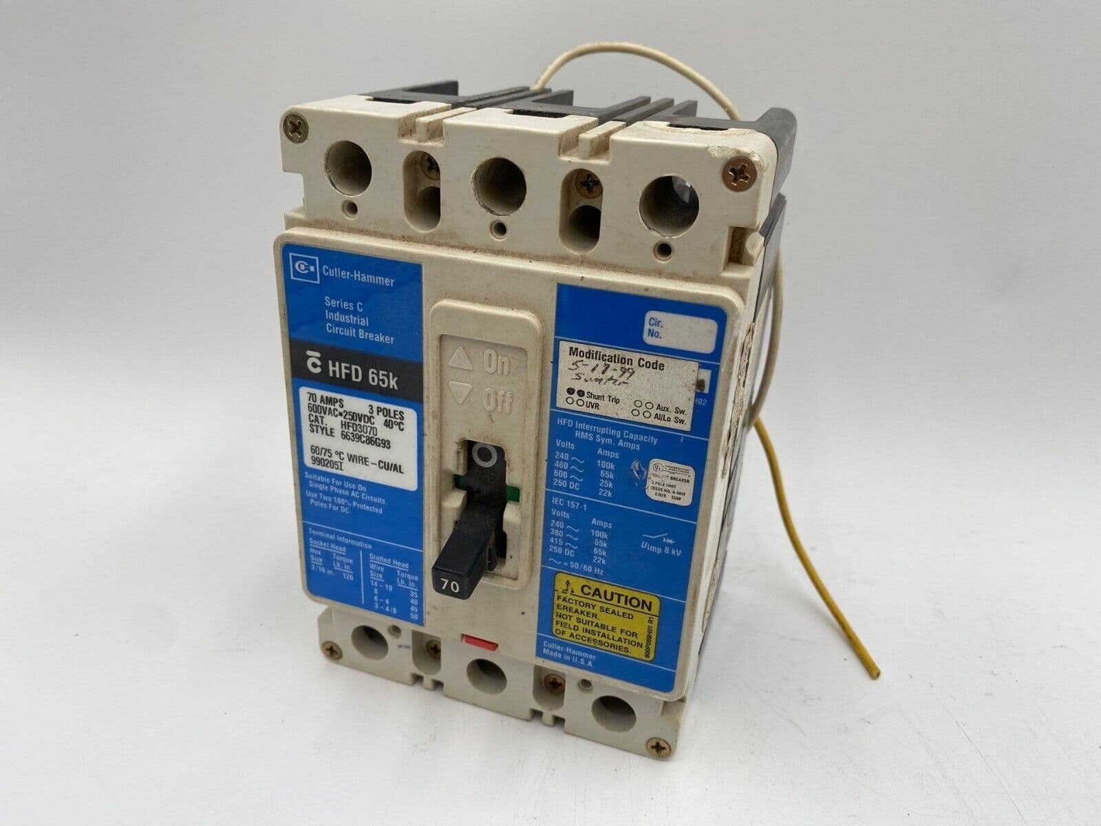 Eaton HFD3070 Circuit Breaker 70A 3P 600V 3PH HFD Bolt On 70 Amp Shunt