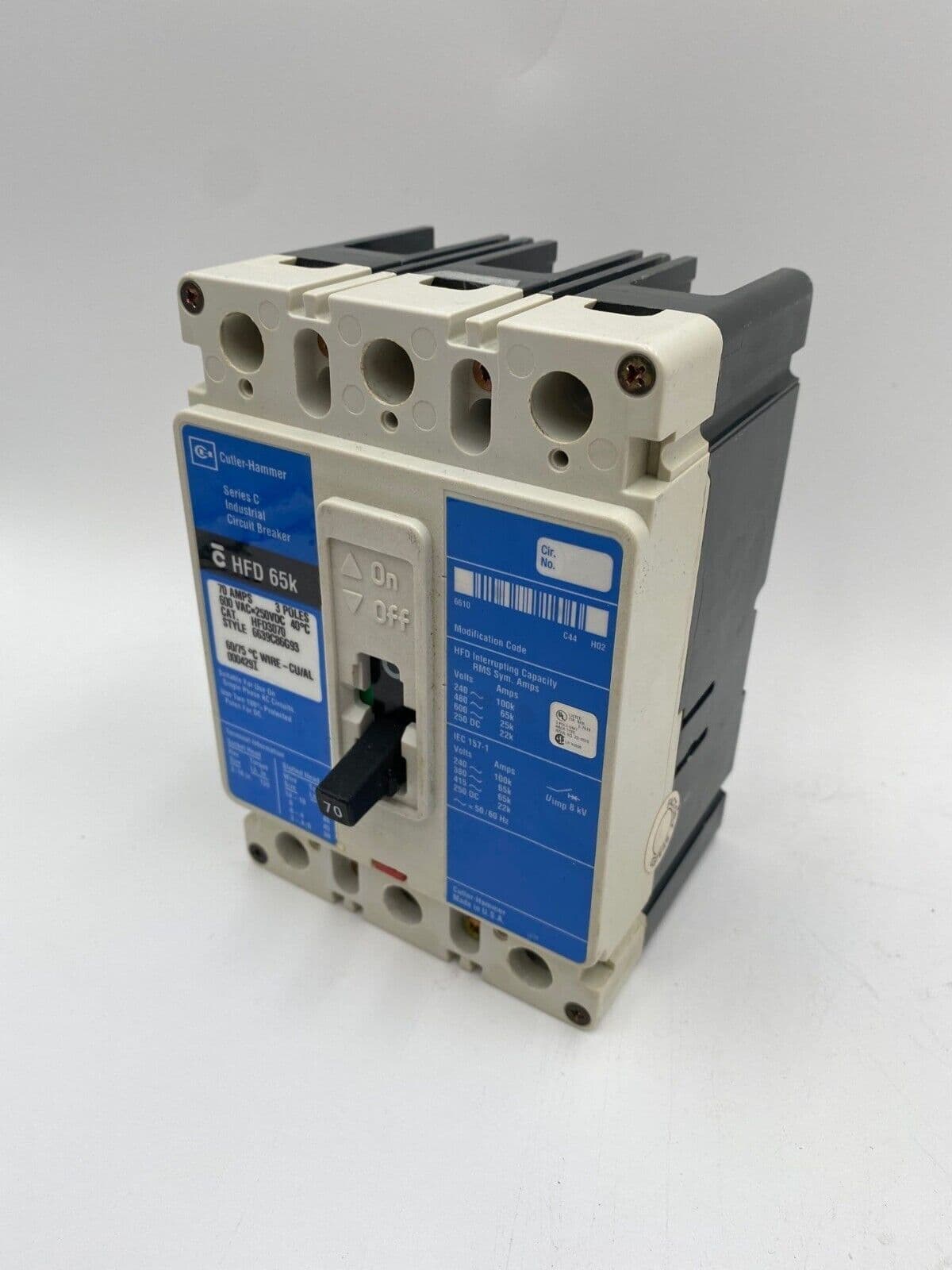 Eaton HFD3070 Circuit Breaker 70A 3P 600V 3PH HFD Bolt On 70 Amp 3 Pole