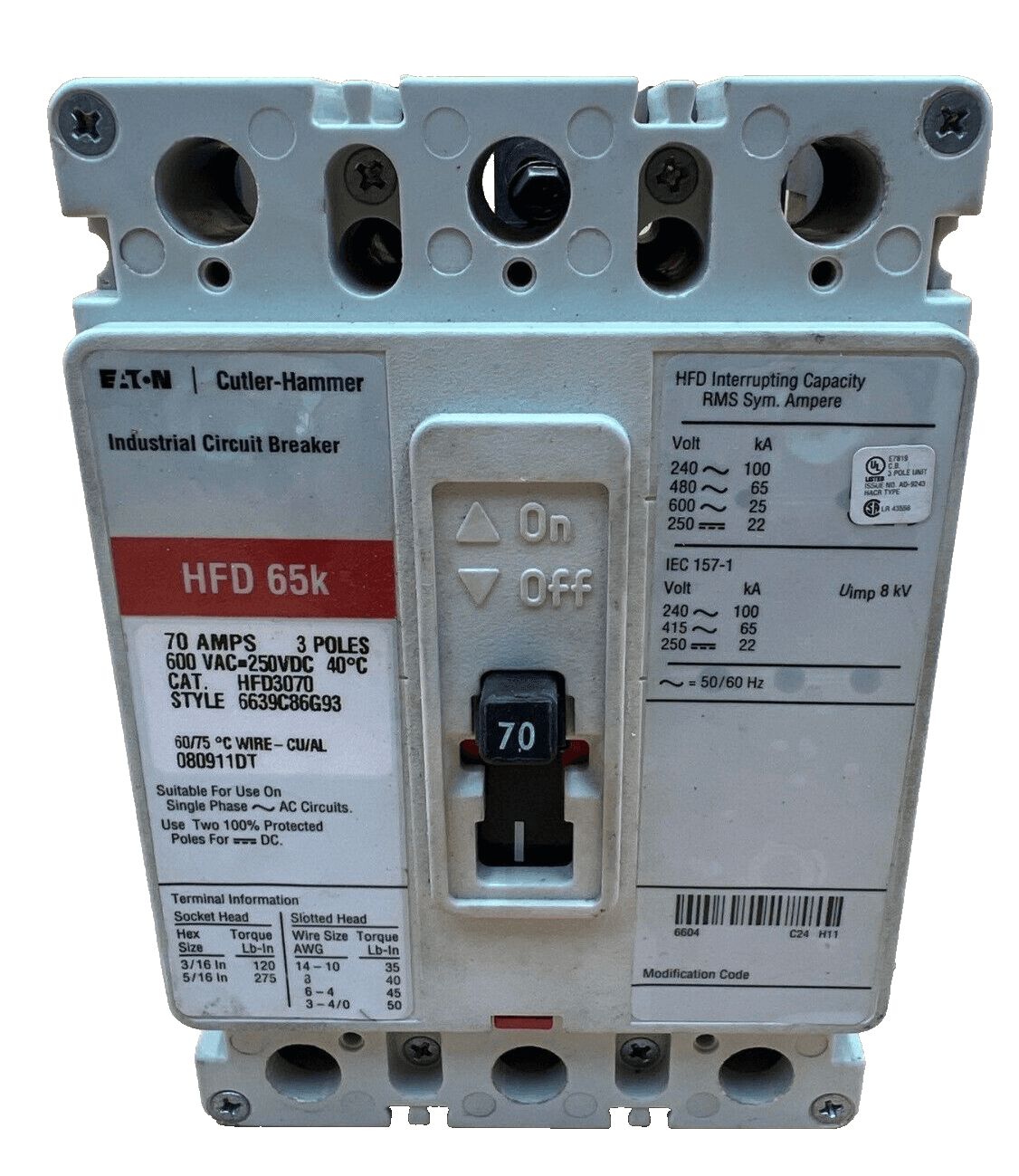 Eaton HFD3070 Circuit Breaker 70A 3P 600V 3PH 70 Amp 65k 3 Pole – image 1