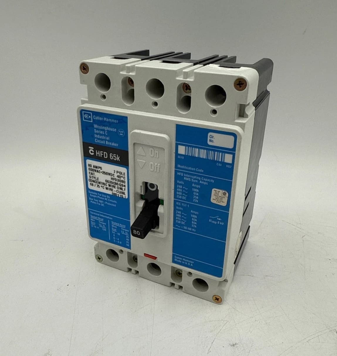 Cutler Hammer HFD3080 Circuit Breaker 80A 3P 600V 3PH HFD 65k 80 Amp 3 Pole – image 1